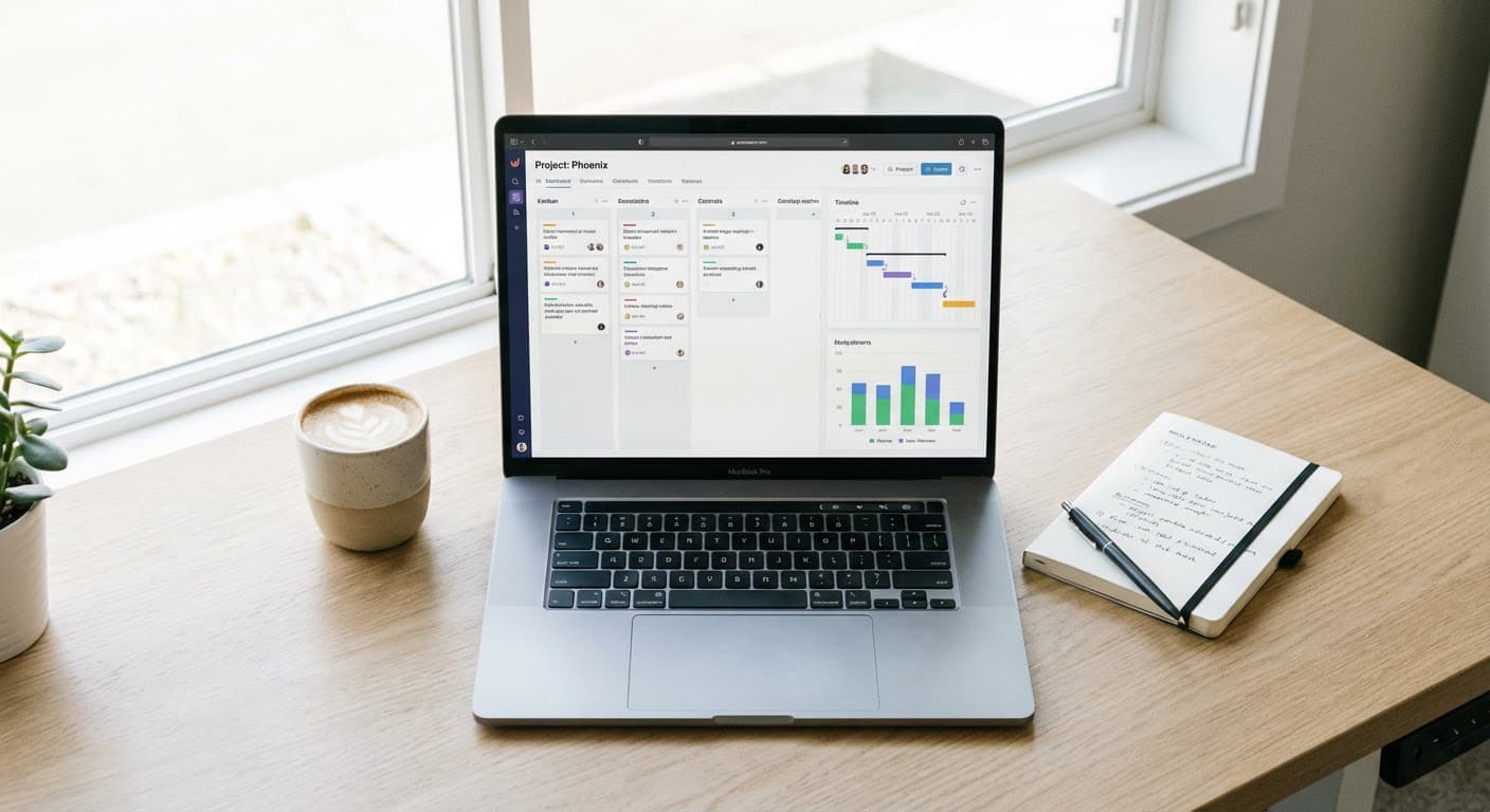 Small team collaborating around a table with laptops, reviewing project plans together