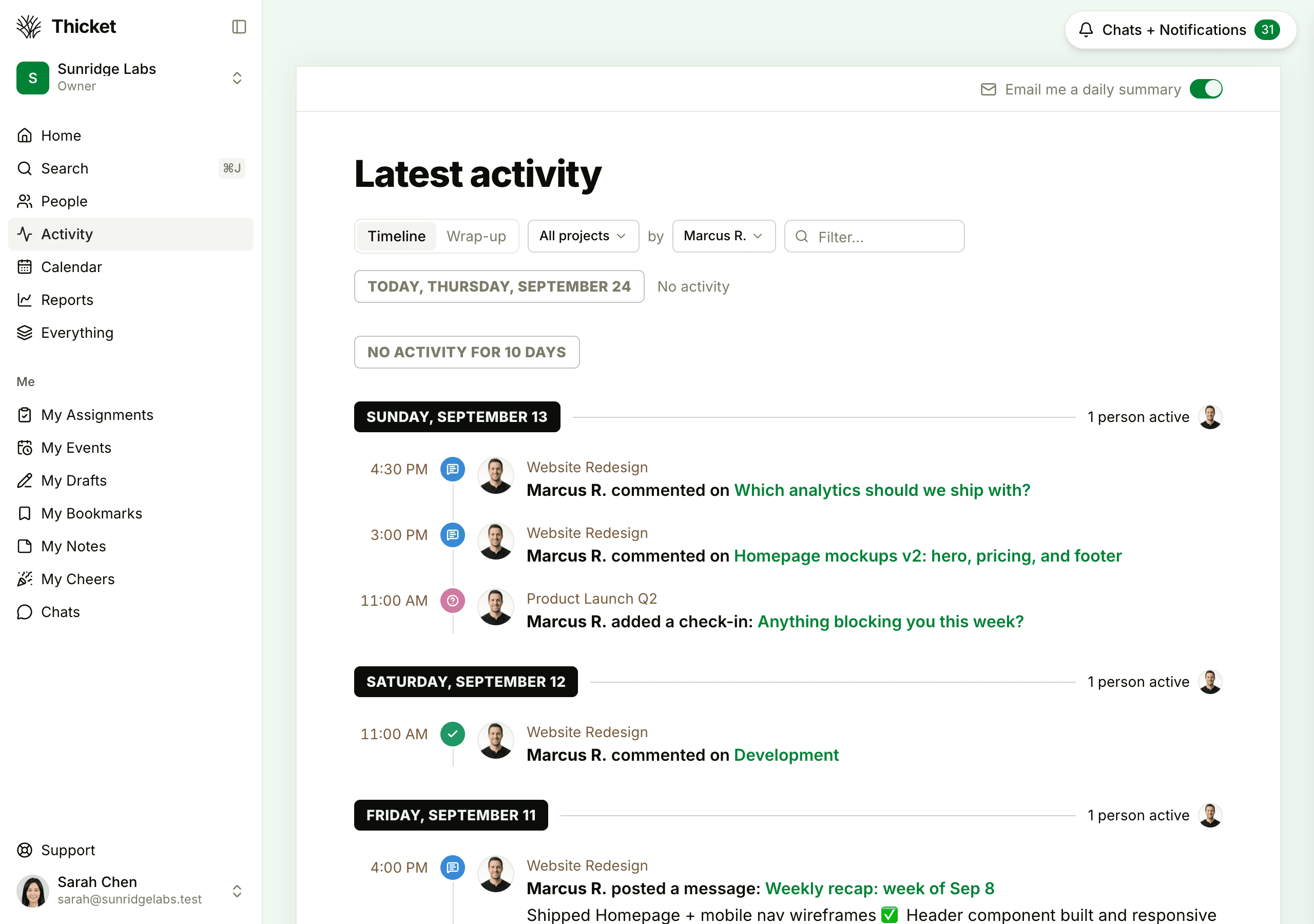 The Latest activity page in the Timeline view, filtered to one person, with the Timeline and Wrap-up switch, the project and person menus, and the Filter box