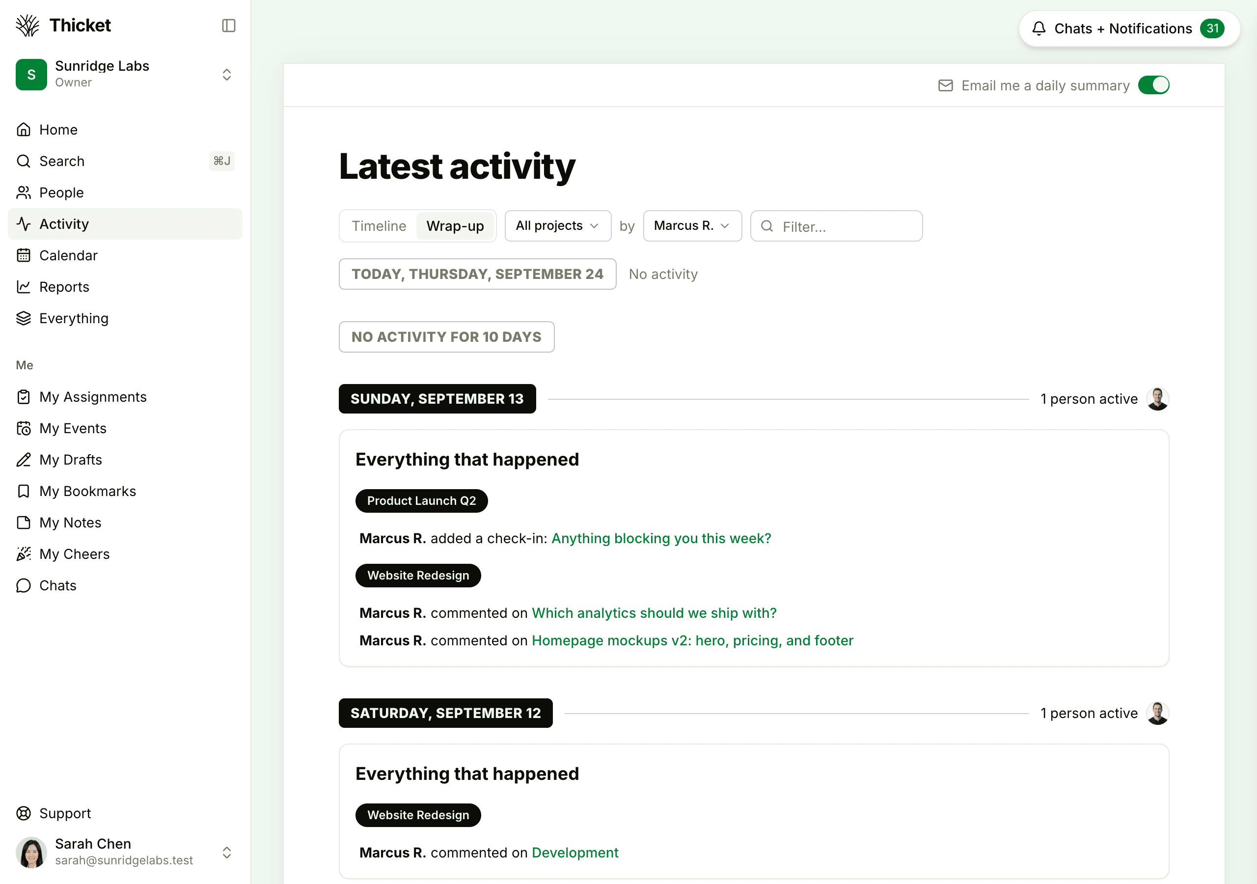 The Latest activity page in the Wrap-up view, where each day has an Everything that happened card grouped by project