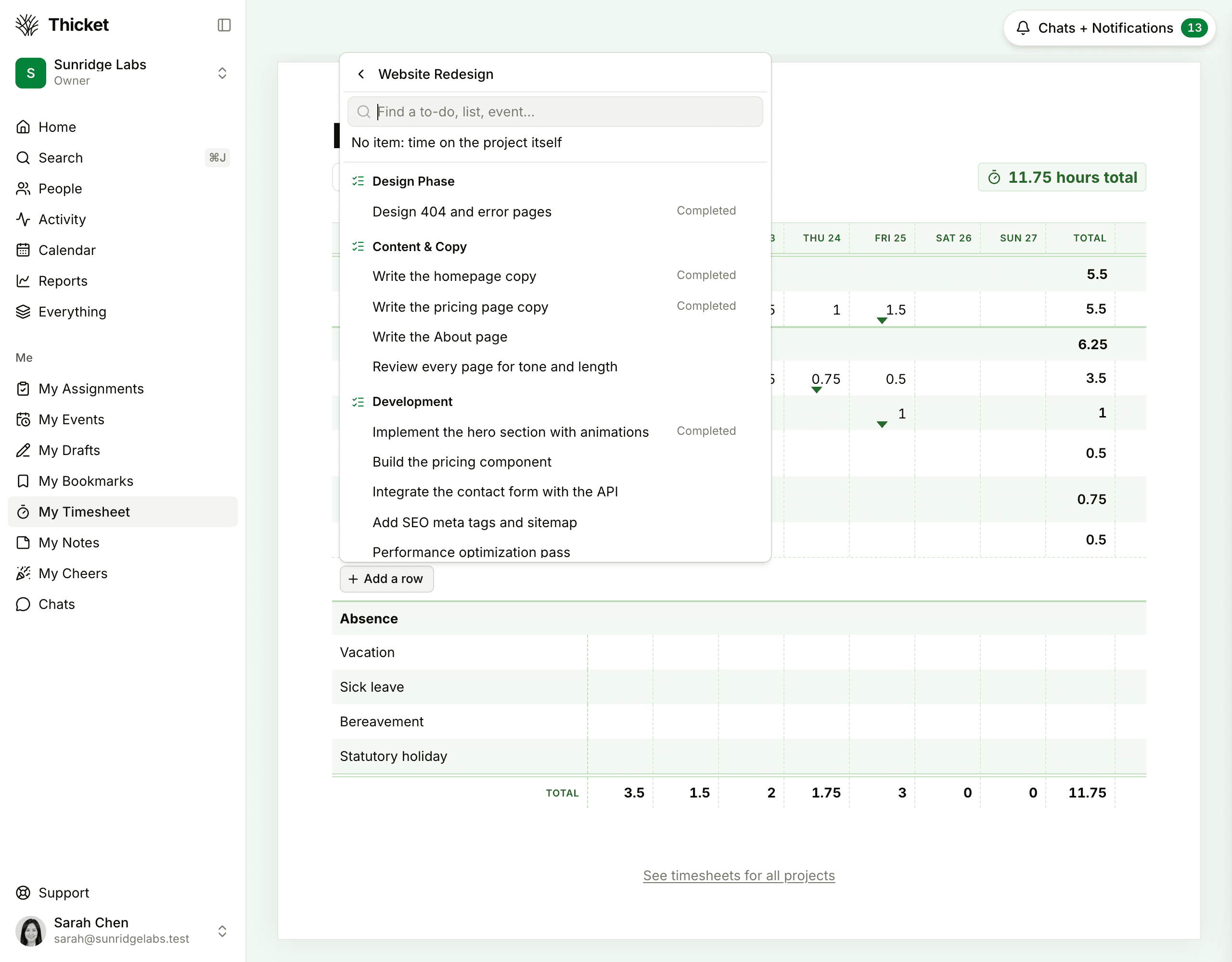 The Add a row picker open on Website Redesign: No item, time on the project itself at the top, then to-dos grouped under their lists, completed ones marked Completed