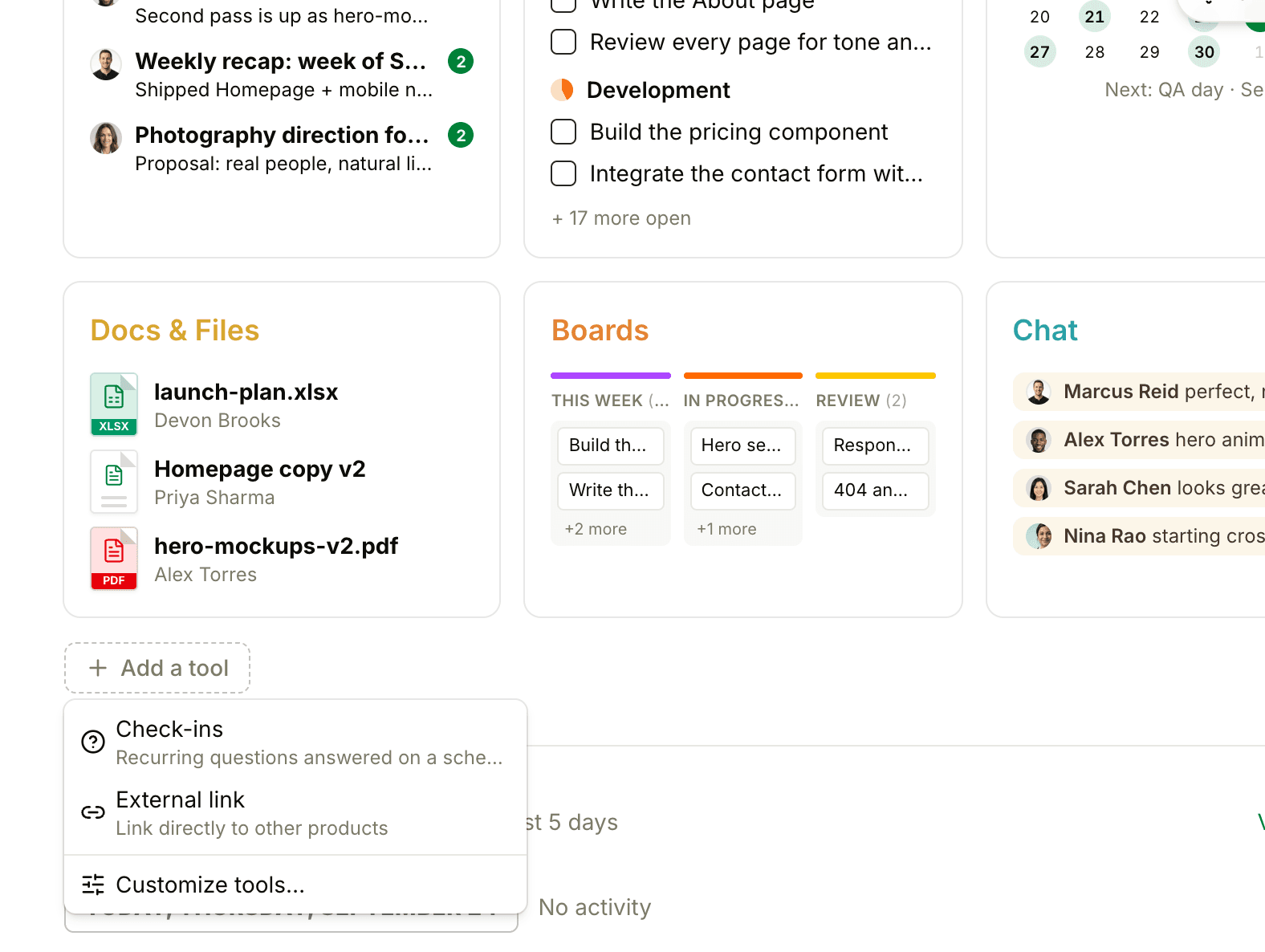 The Add a tool menu open under the project's tools, with External link and Customize tools