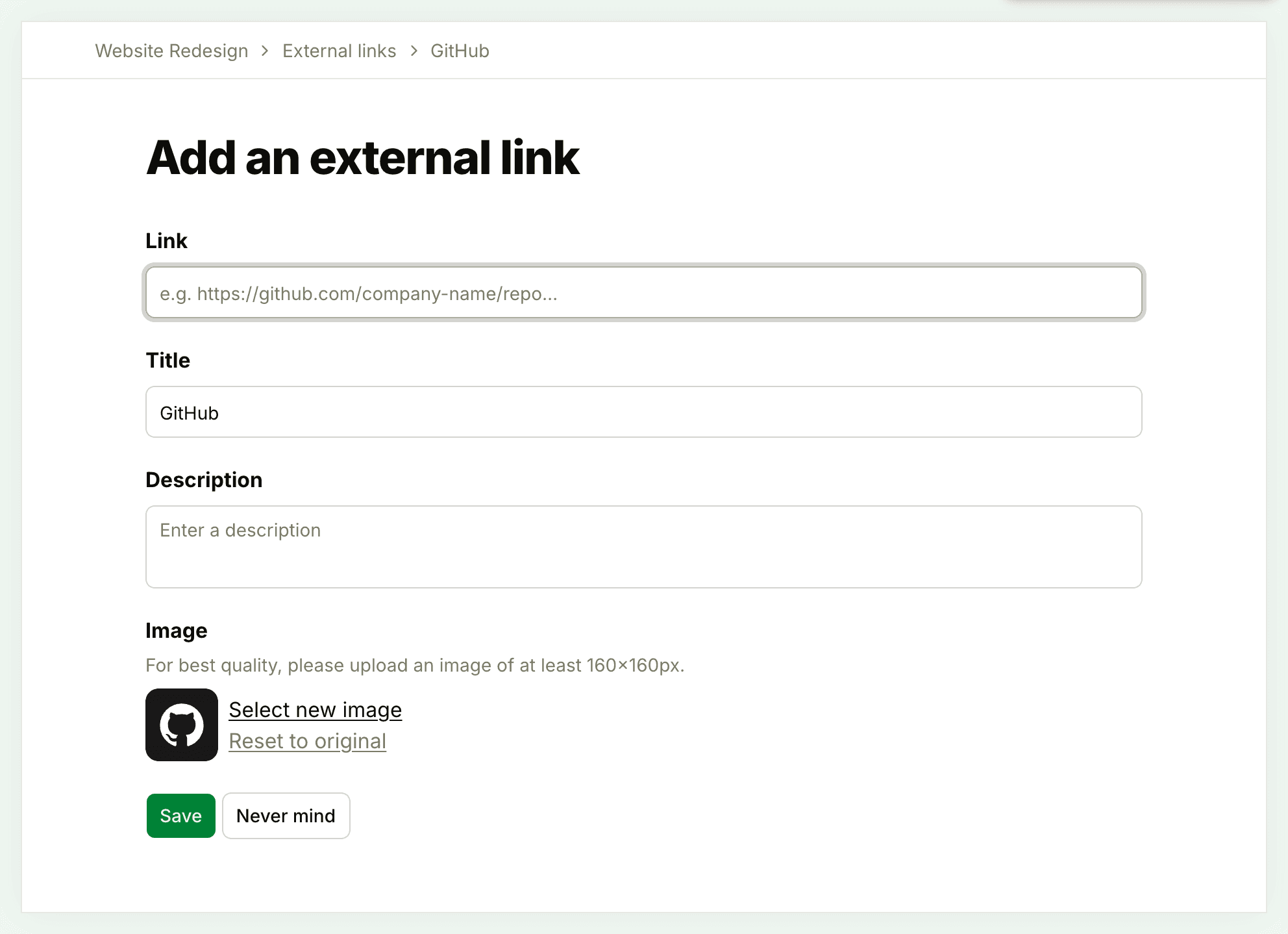 The Add an external link form for GitHub, with the Link, Title, Description and Image fields and the Save and Never mind buttons