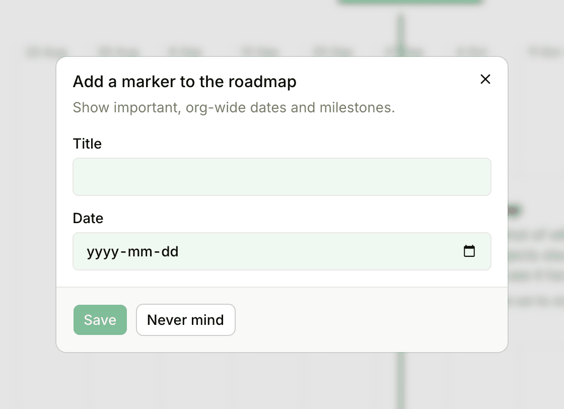 The Add a marker to the roadmap dialog, with Title and Date fields and the Save button