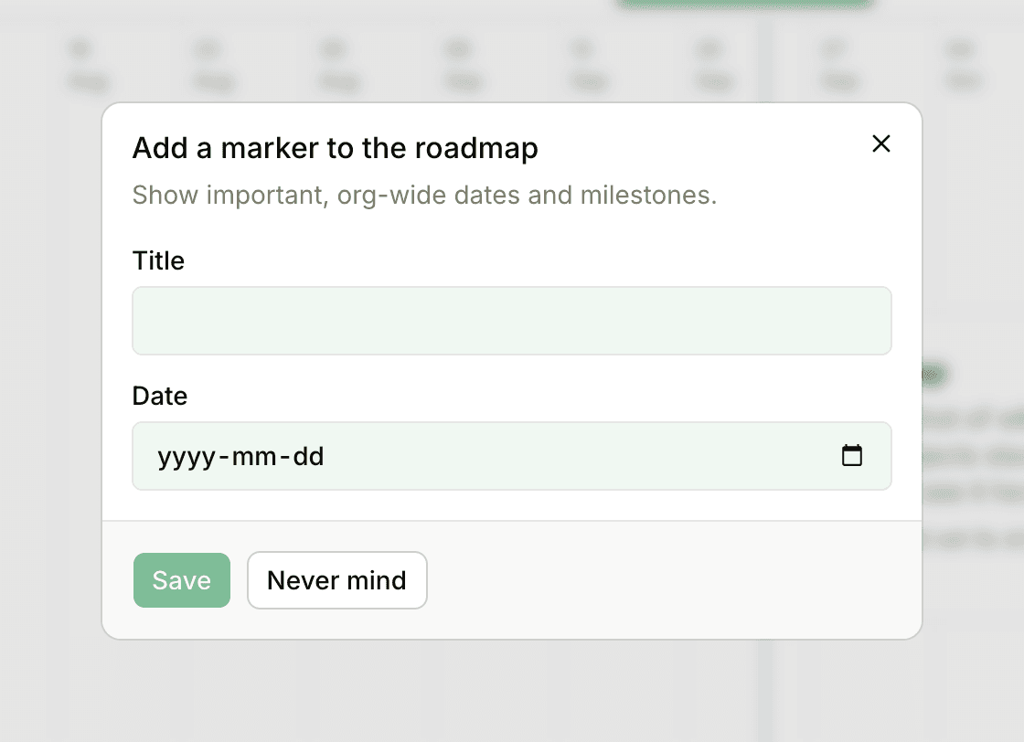 The Add a marker to the roadmap dialog, with Title and Date fields and the Save button