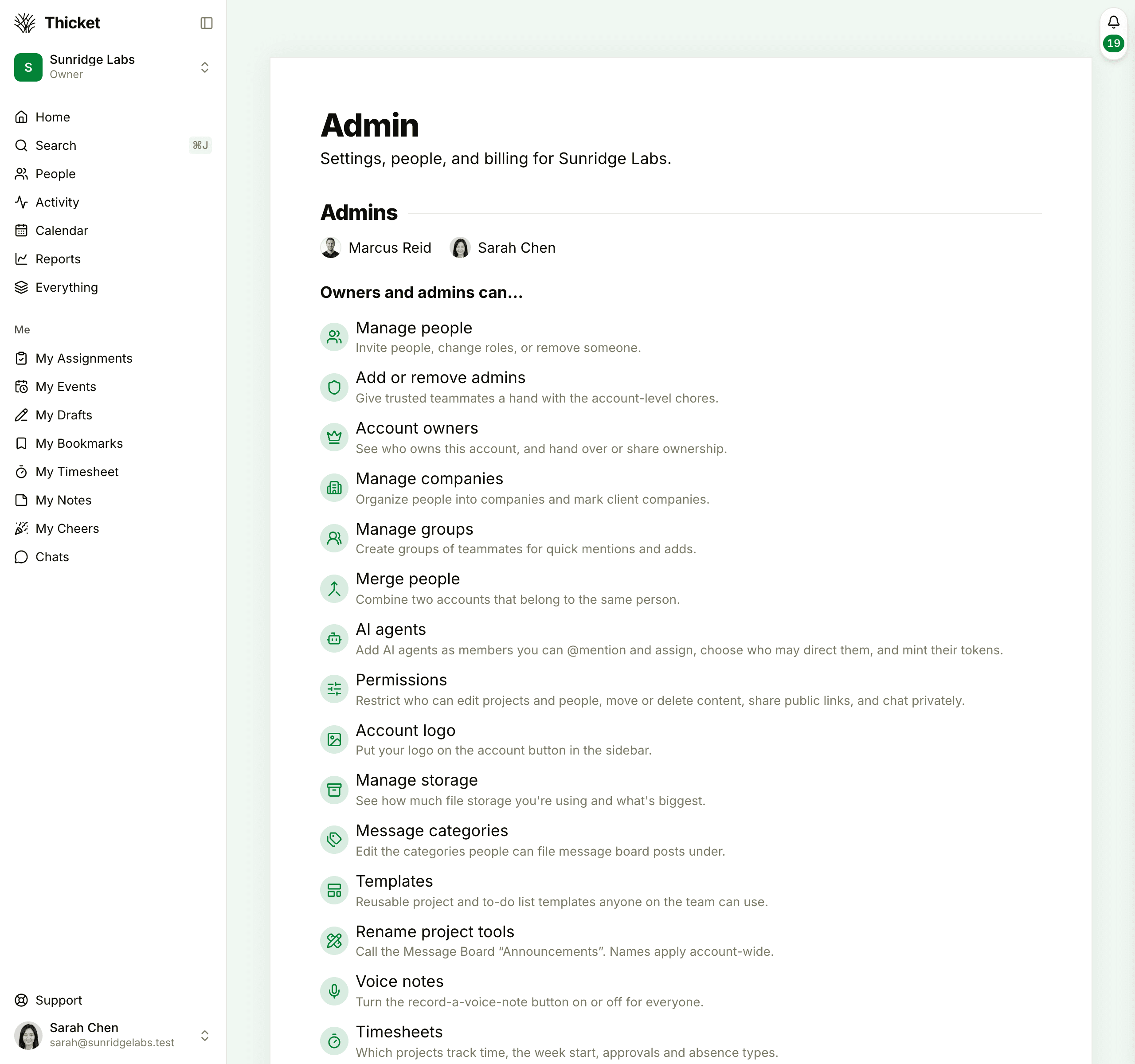 The Admin page: the Admins list, with the account's owner and admin and the settings owners and admins can change, each on its own row