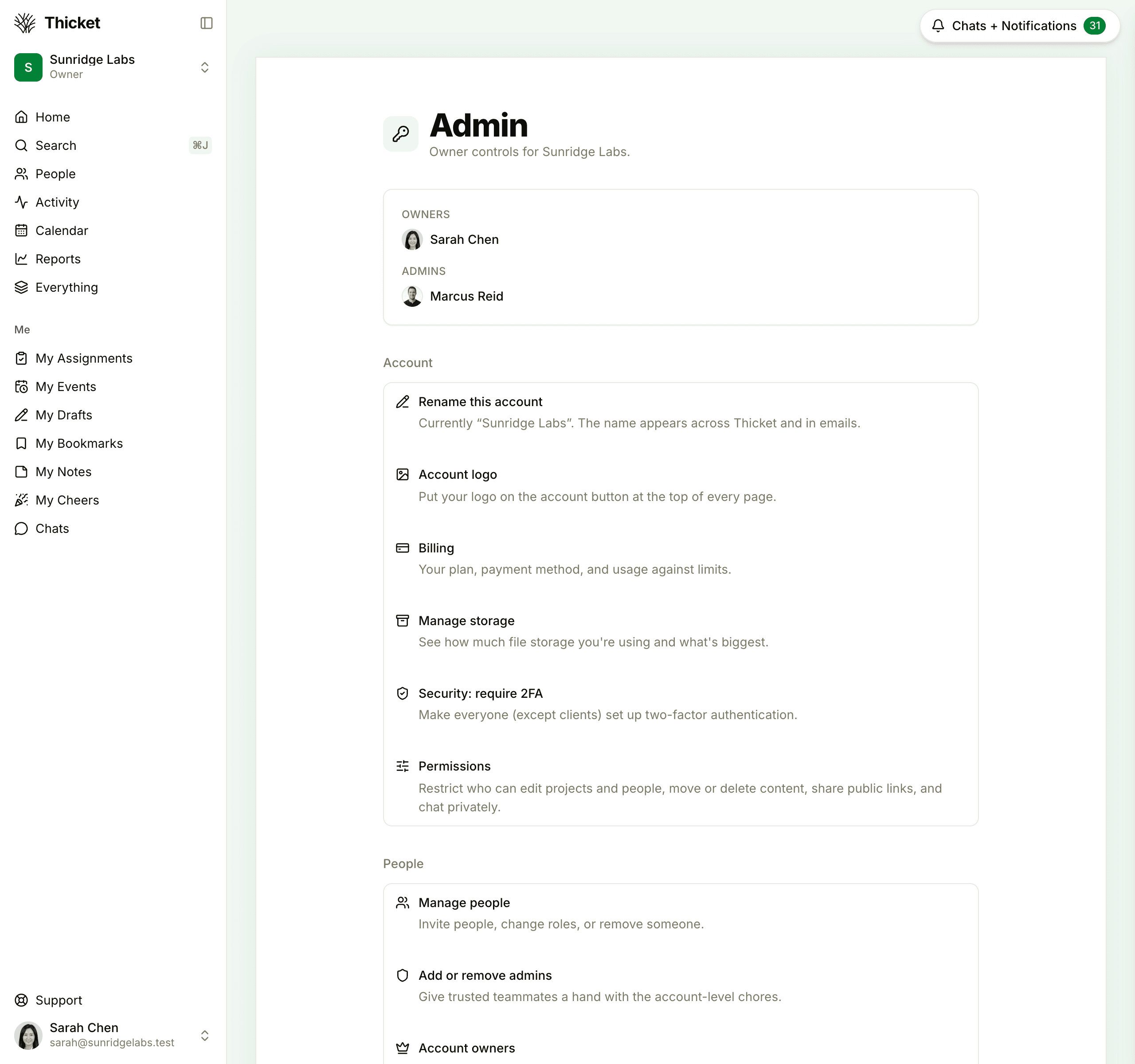 The Admin page, with the account's owners and admins listed at the top and the Account and People sections of settings below