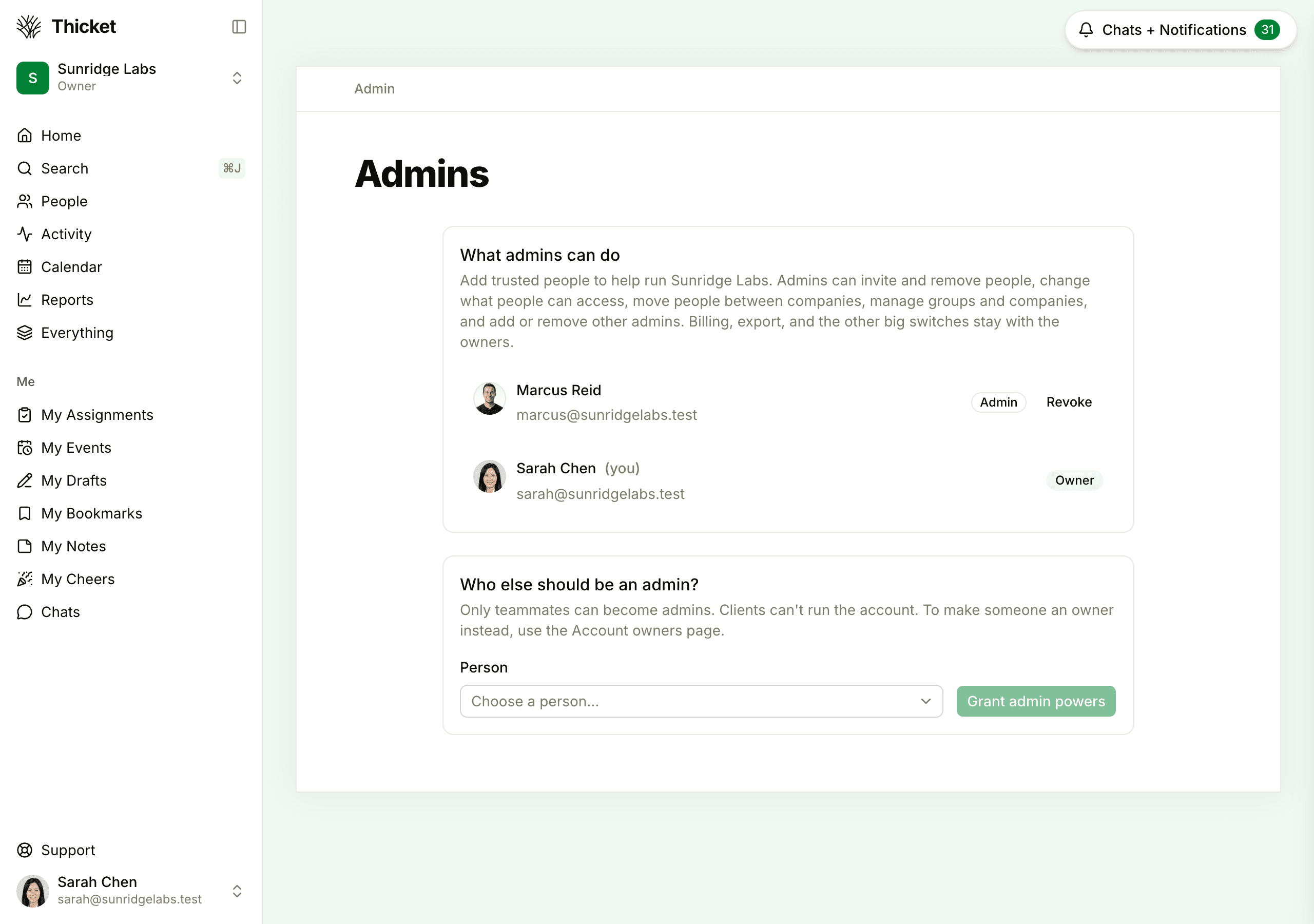 The Add or remove admins page, with the current admins and owners listed under What admins can do, and a Who else should be an admin card with a Person menu and a Grant admin powers button