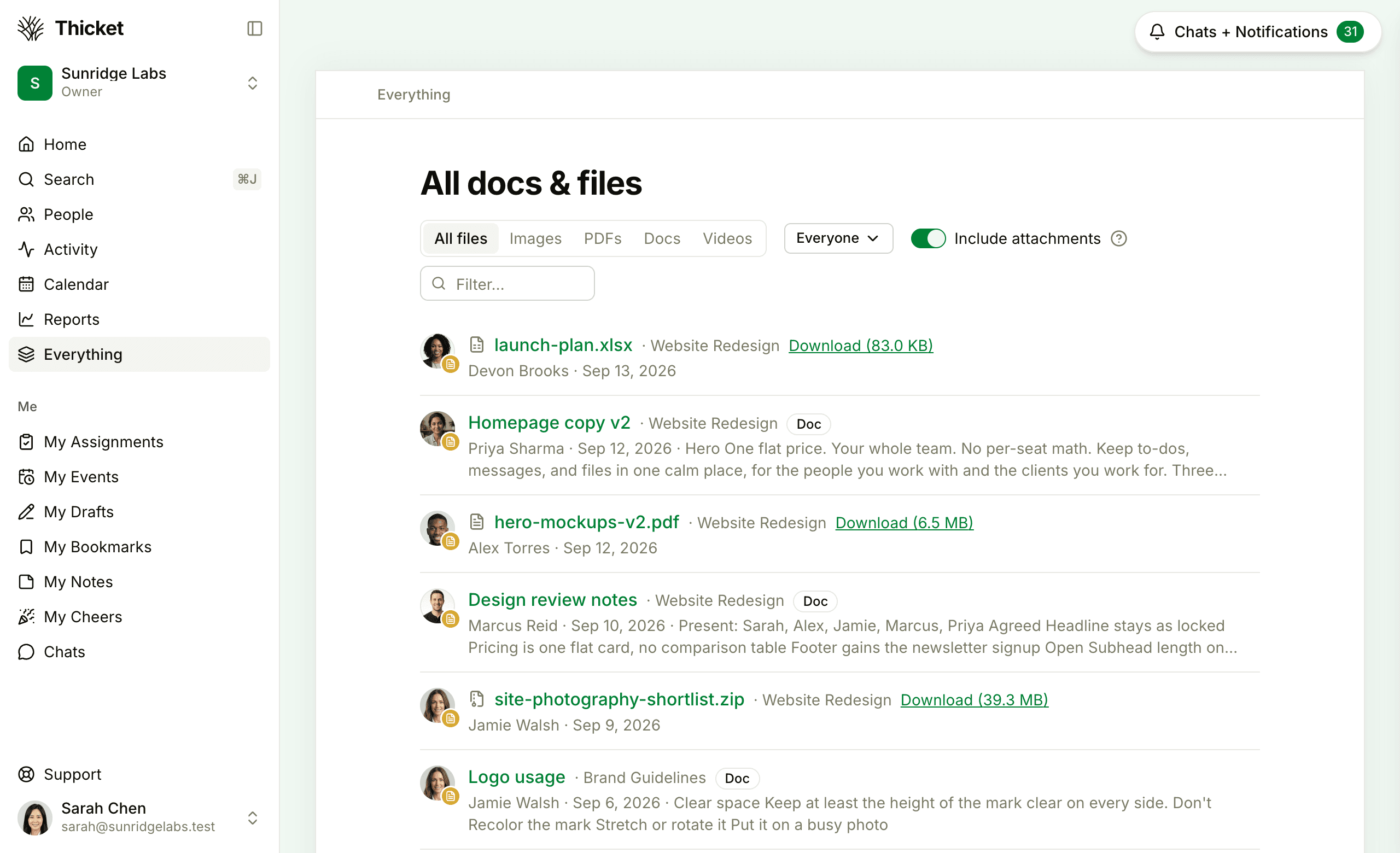 The All docs & files list with file type buttons, the Everyone picker, and the Include attachments switch