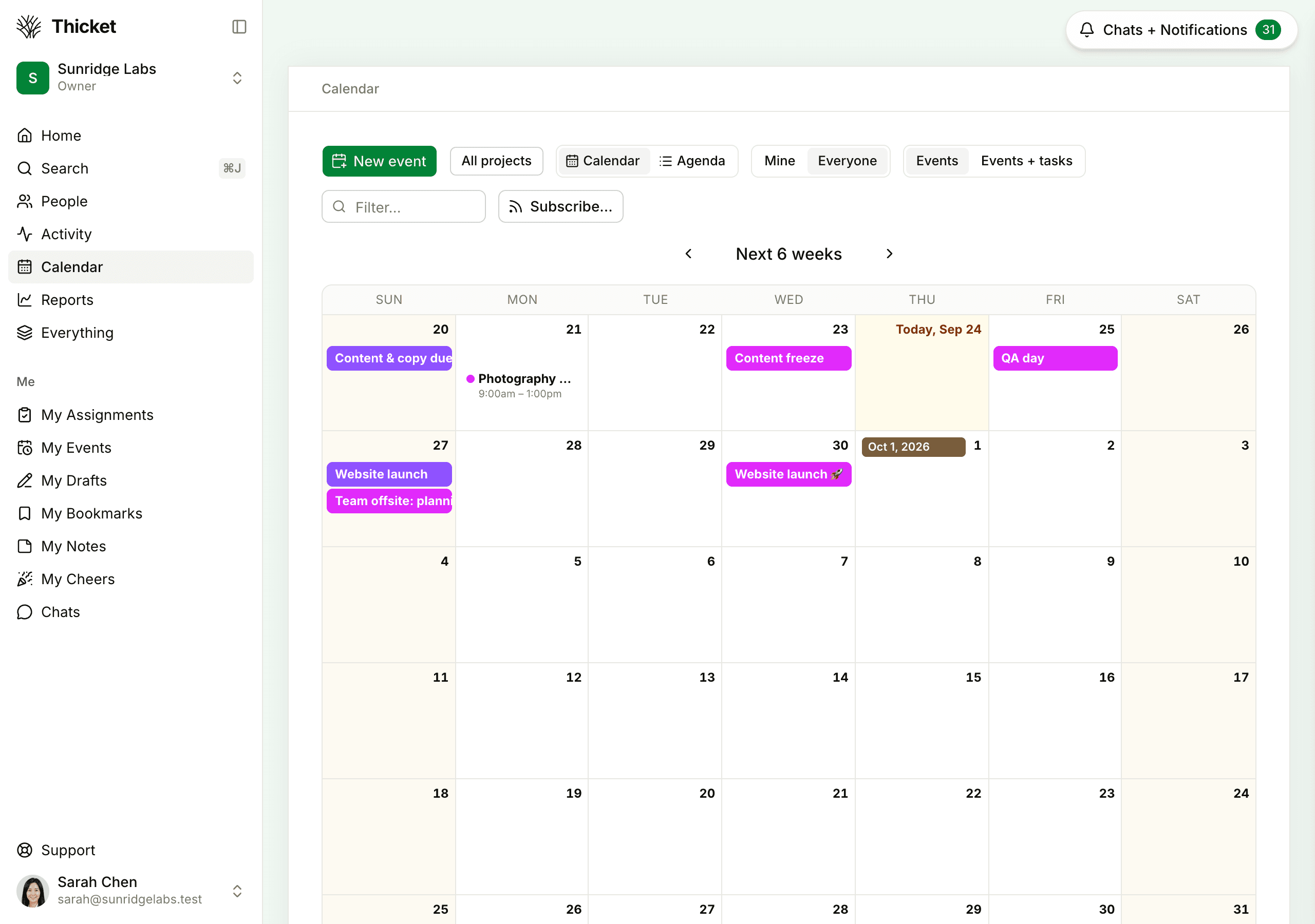 The Calendar page for all projects, with the All projects button, the Mine and Everyone switch, the Events and Events + tasks switch, and the Subscribe button above the grid.