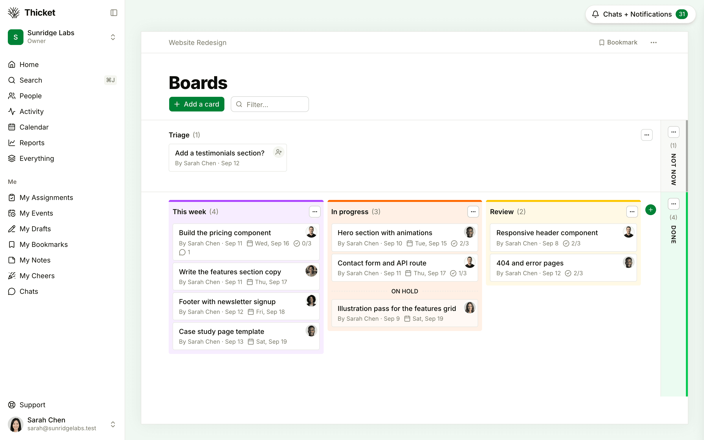 A board with Triage across the top, the This week, In progress, and Review columns below it, an On hold section in In progress, and the narrow Not now and Done columns on the right.