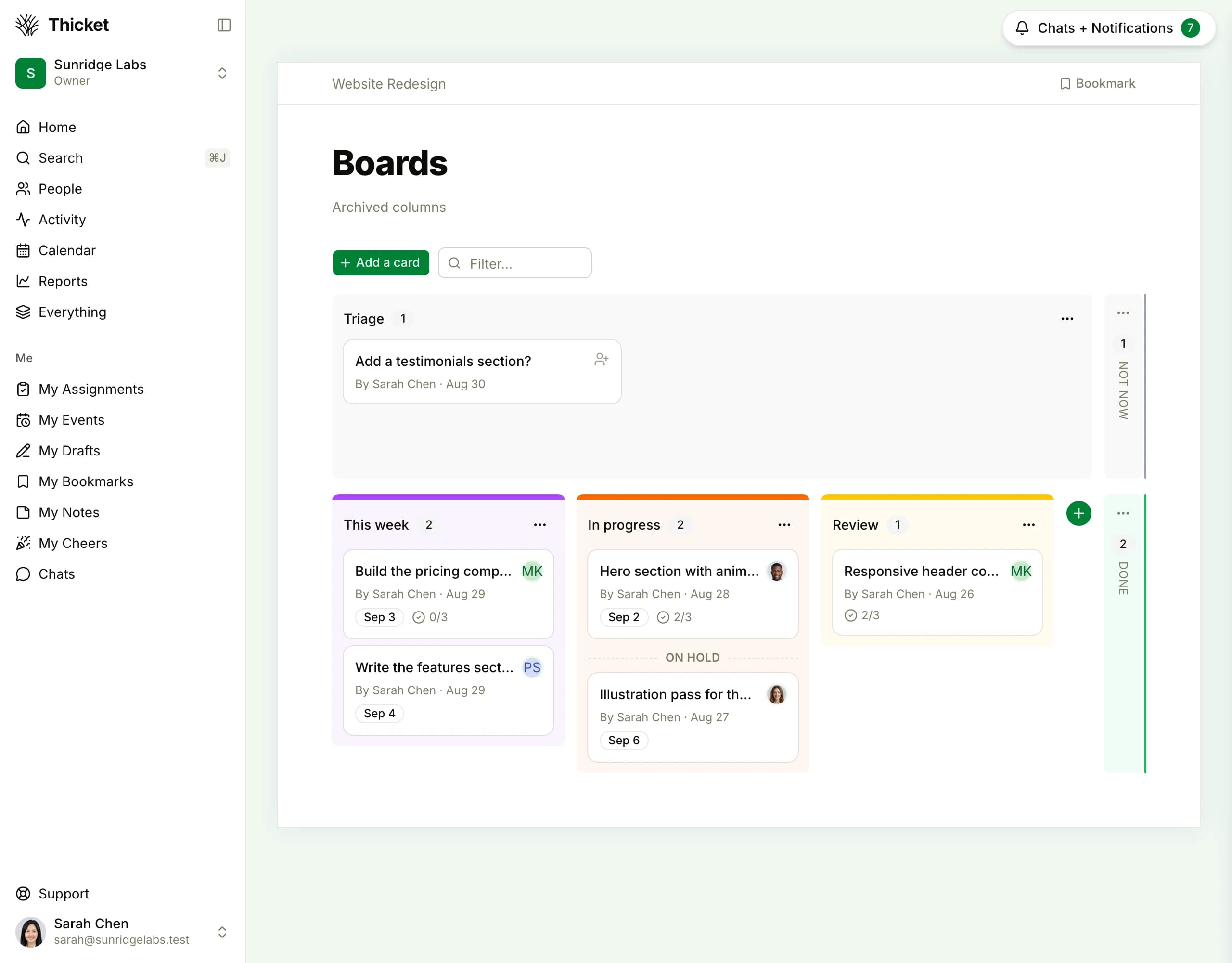 The Boards tool in a Thicket project: a Triage column, then This week, In progress, and Review columns with cards carrying due dates, assignees, and checklist counts, an On hold divider, and Not now and Done side columns