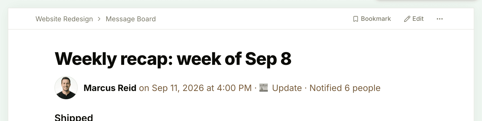 A message's page with the Bookmark button at the top right, beside Edit and the ••• menu