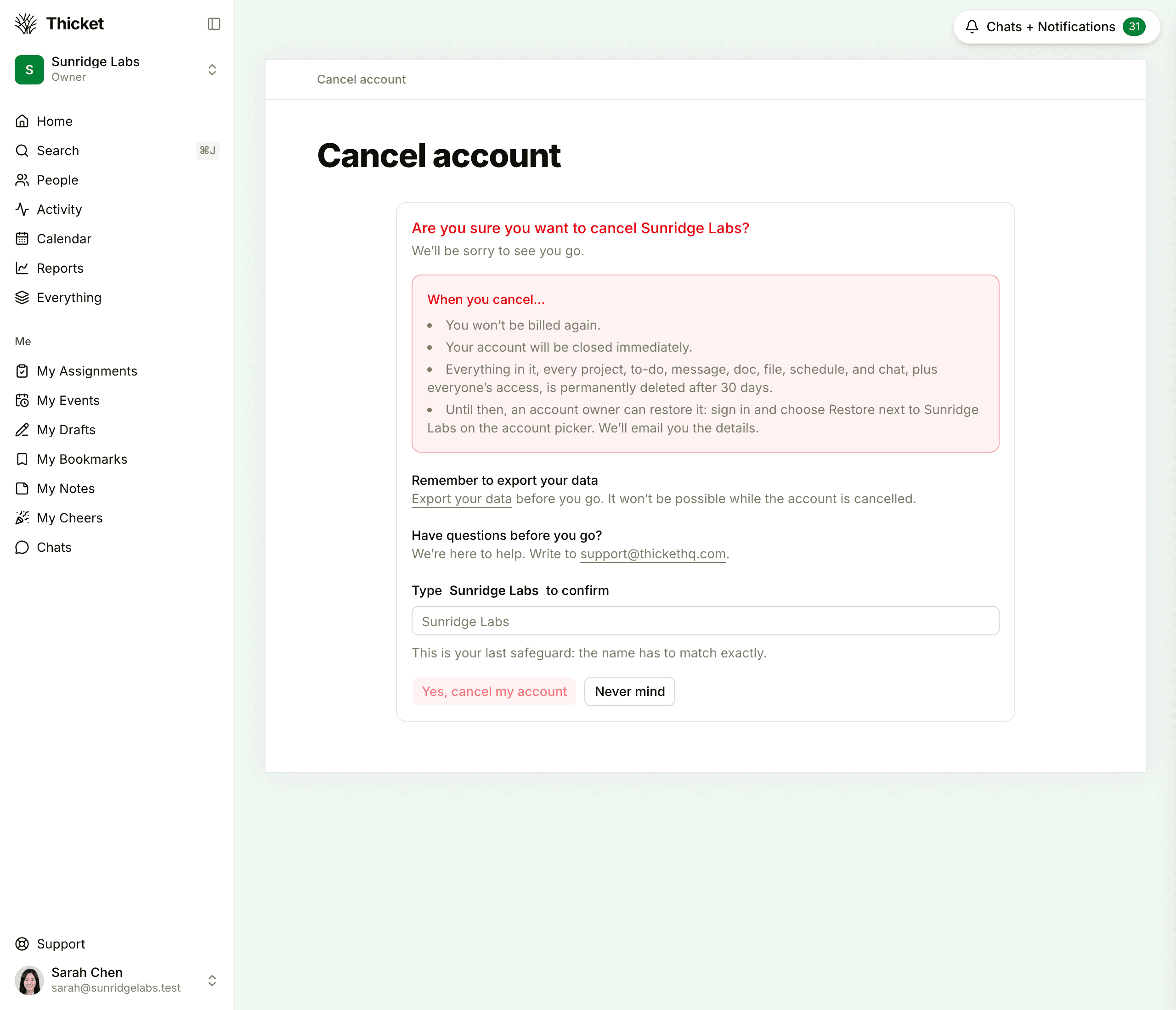 The Cancel account confirmation page, listing what happens when you cancel, a reminder to export your data, and a field to type the account's name above the Yes, cancel my account and Never mind buttons
