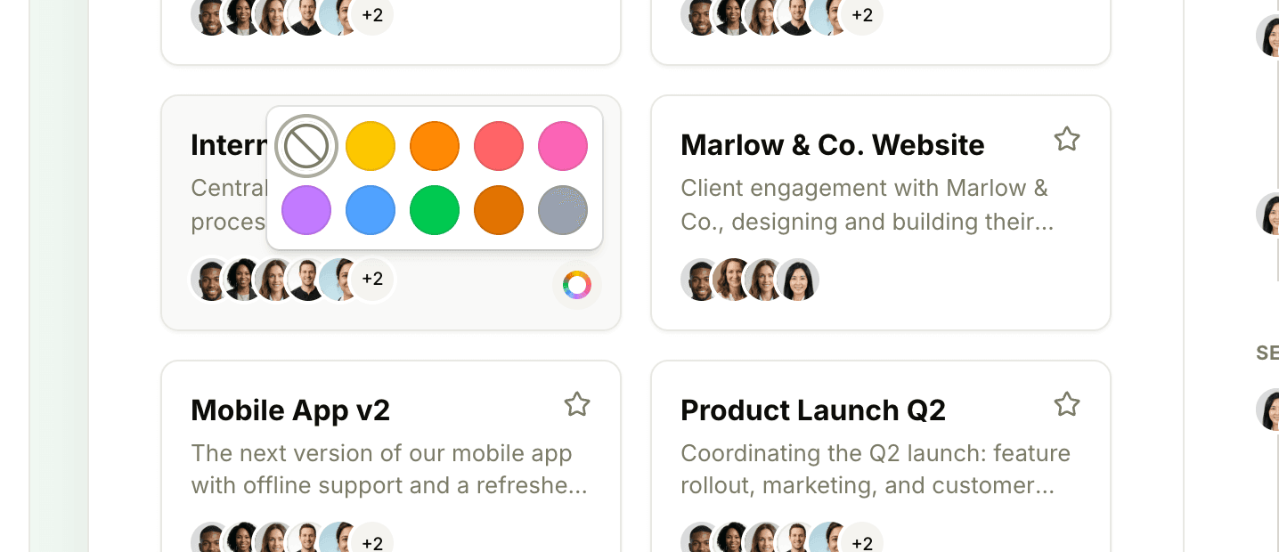 A project card's color menu open on Home, showing the color swatches and the No color option