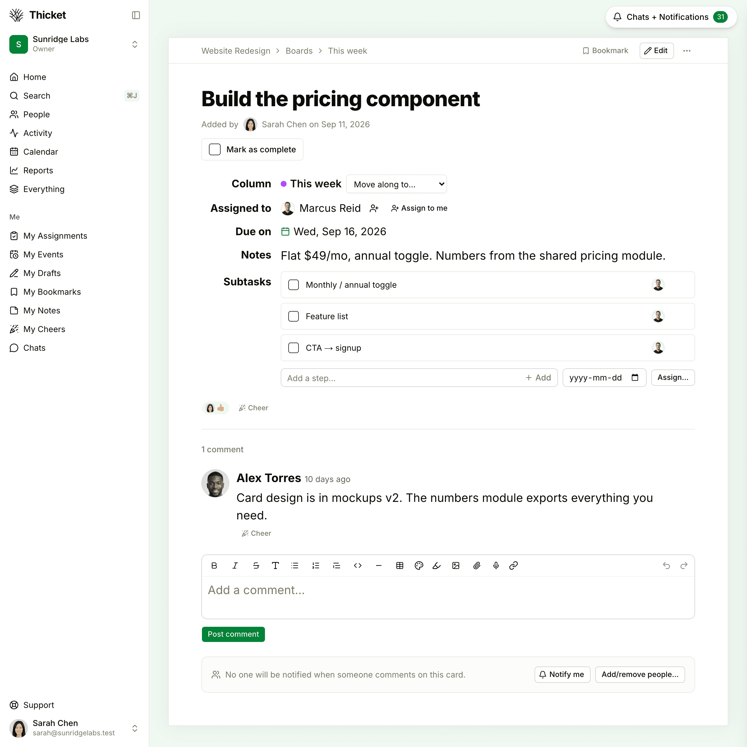 A card page showing Mark as complete, the Column with the Move along to menu, Assigned to, Due on, Notes, Subtasks, and a comment.