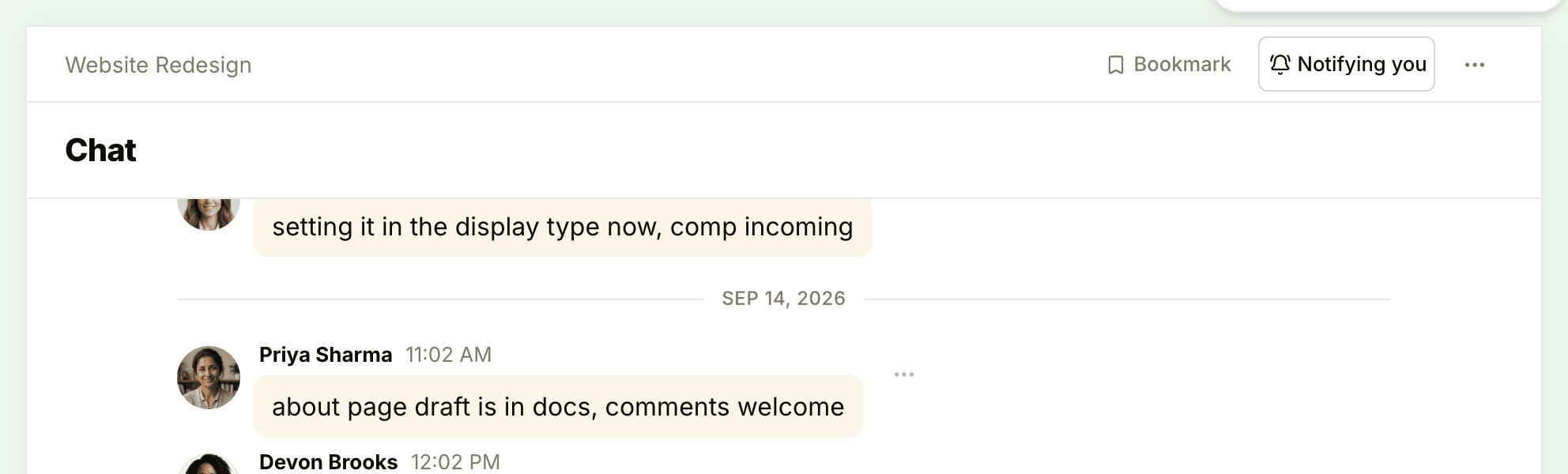 The top of a project chat, with the Notifying you button beside Bookmark
