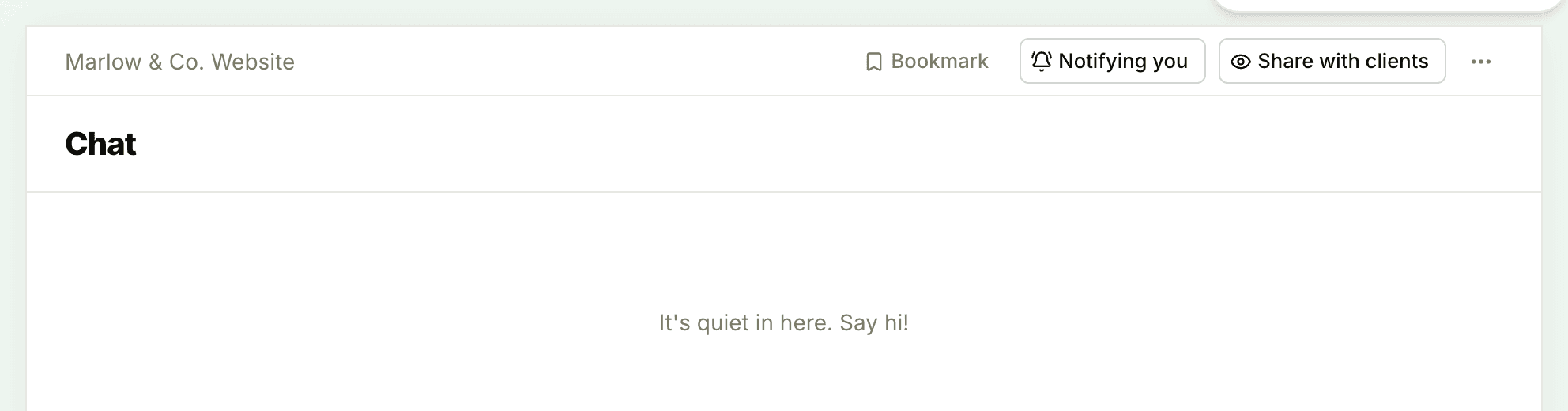 The top of a project chat, with the Notifying you and Share with clients buttons
