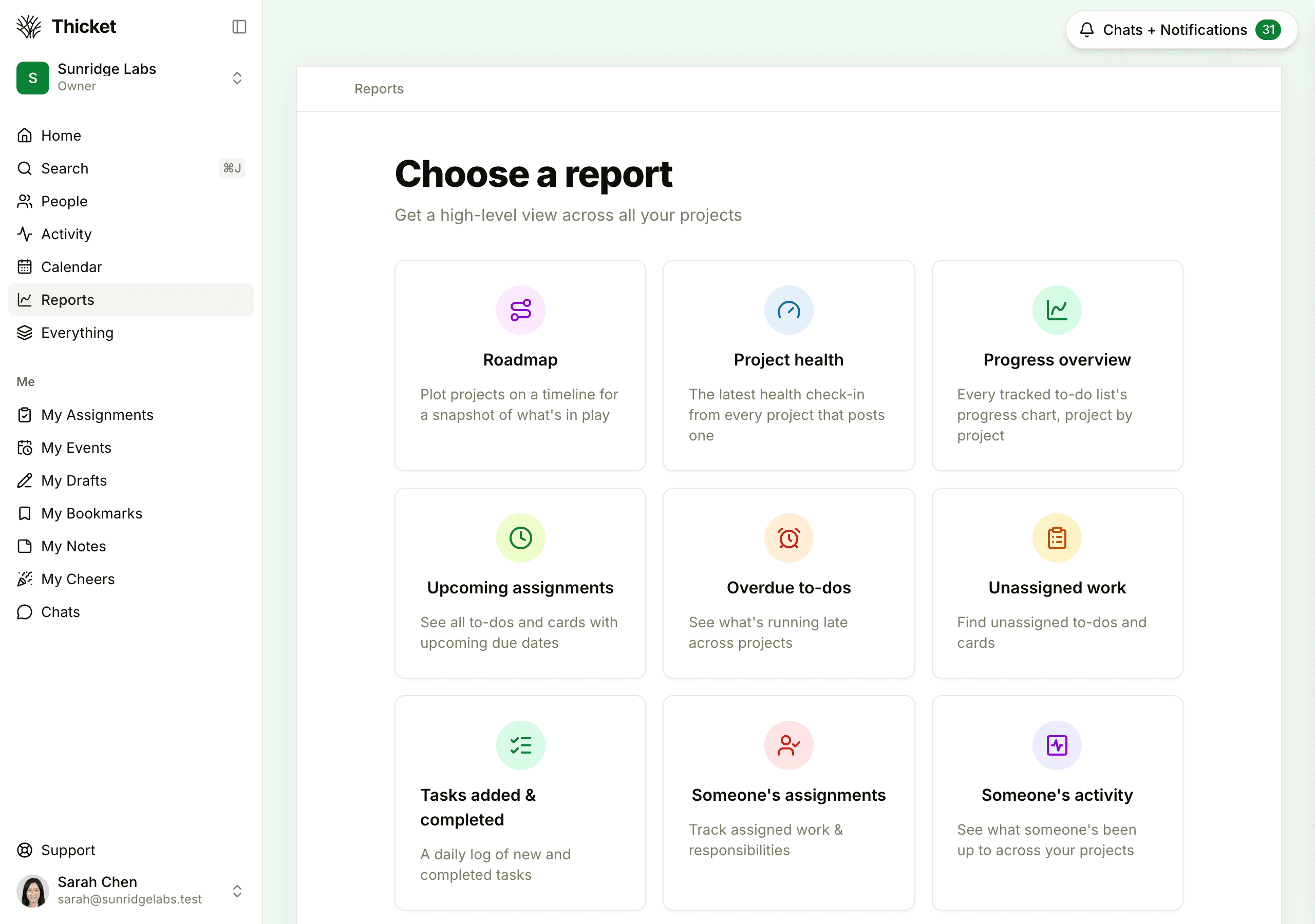 The Choose a report page, with tiles for Roadmap, Project health, Progress overview, Upcoming assignments, Overdue to-dos, Unassigned work, Tasks added & completed, Someone's assignments, and Someone's activity