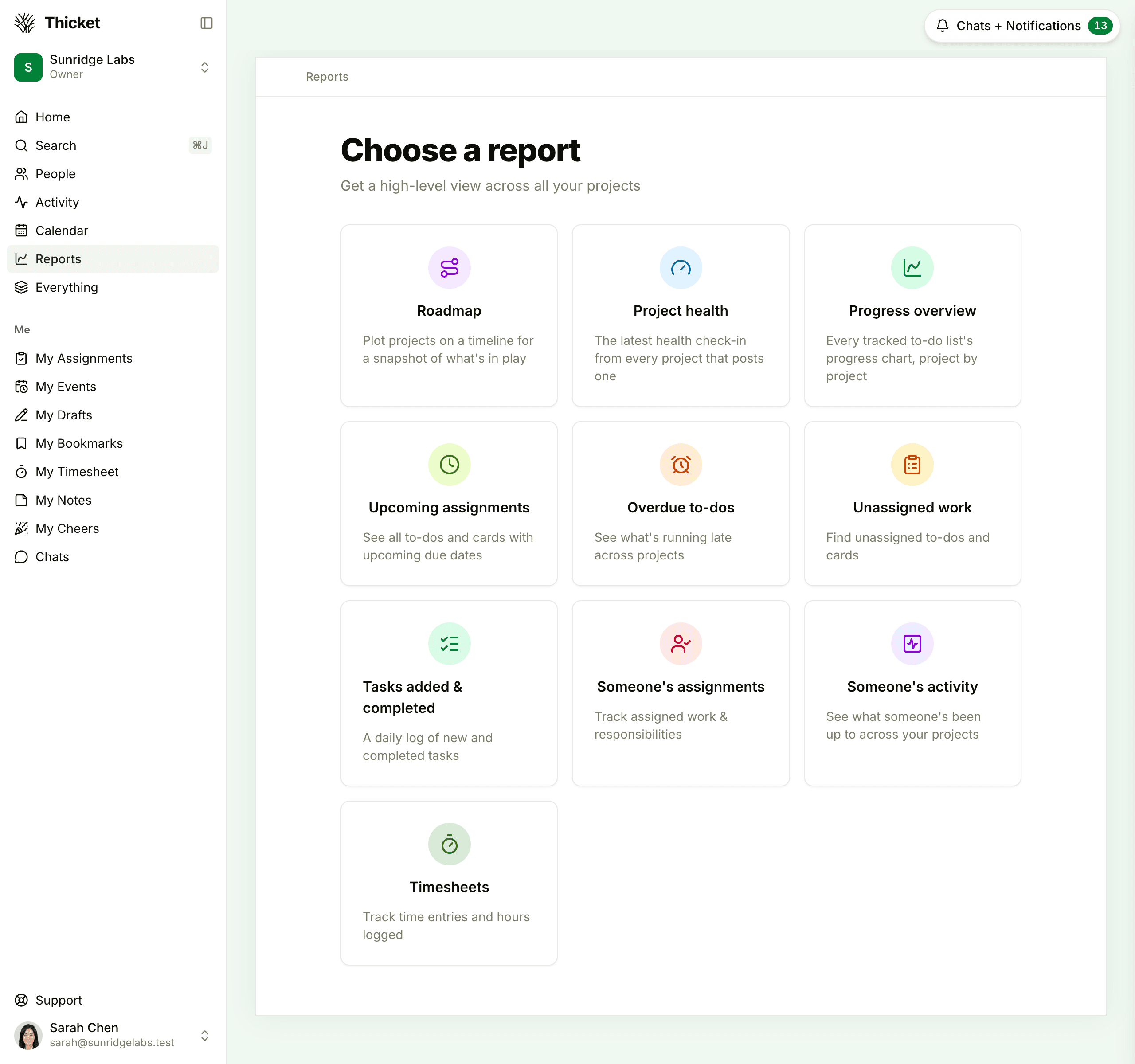 The Choose a report page, with tiles for Roadmap, Project health, Progress overview, Upcoming assignments, Overdue to-dos, Unassigned work, Tasks added & completed, Someone's assignments, Someone's activity, and Timesheets