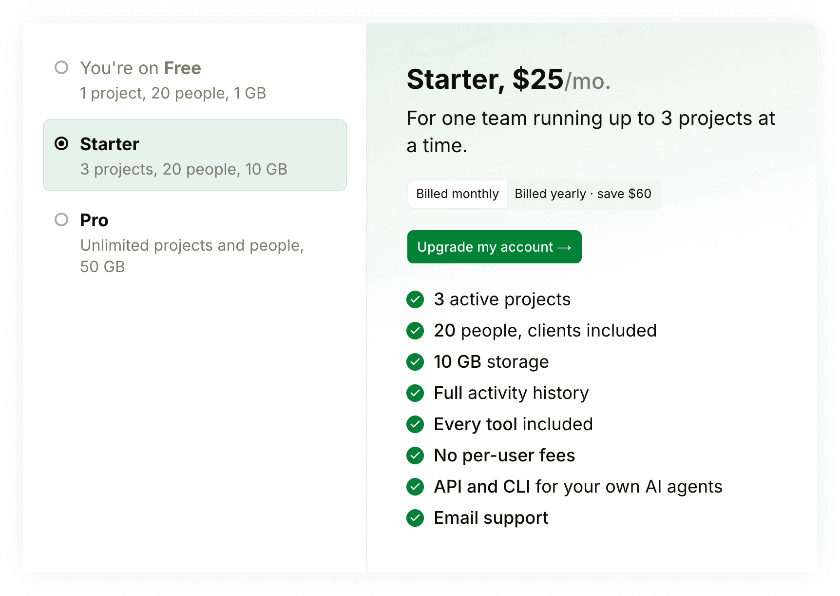 The Plans page on the Free plan, with Free, Starter and Pro listed on the left and the selected plan's price, button and features on the right