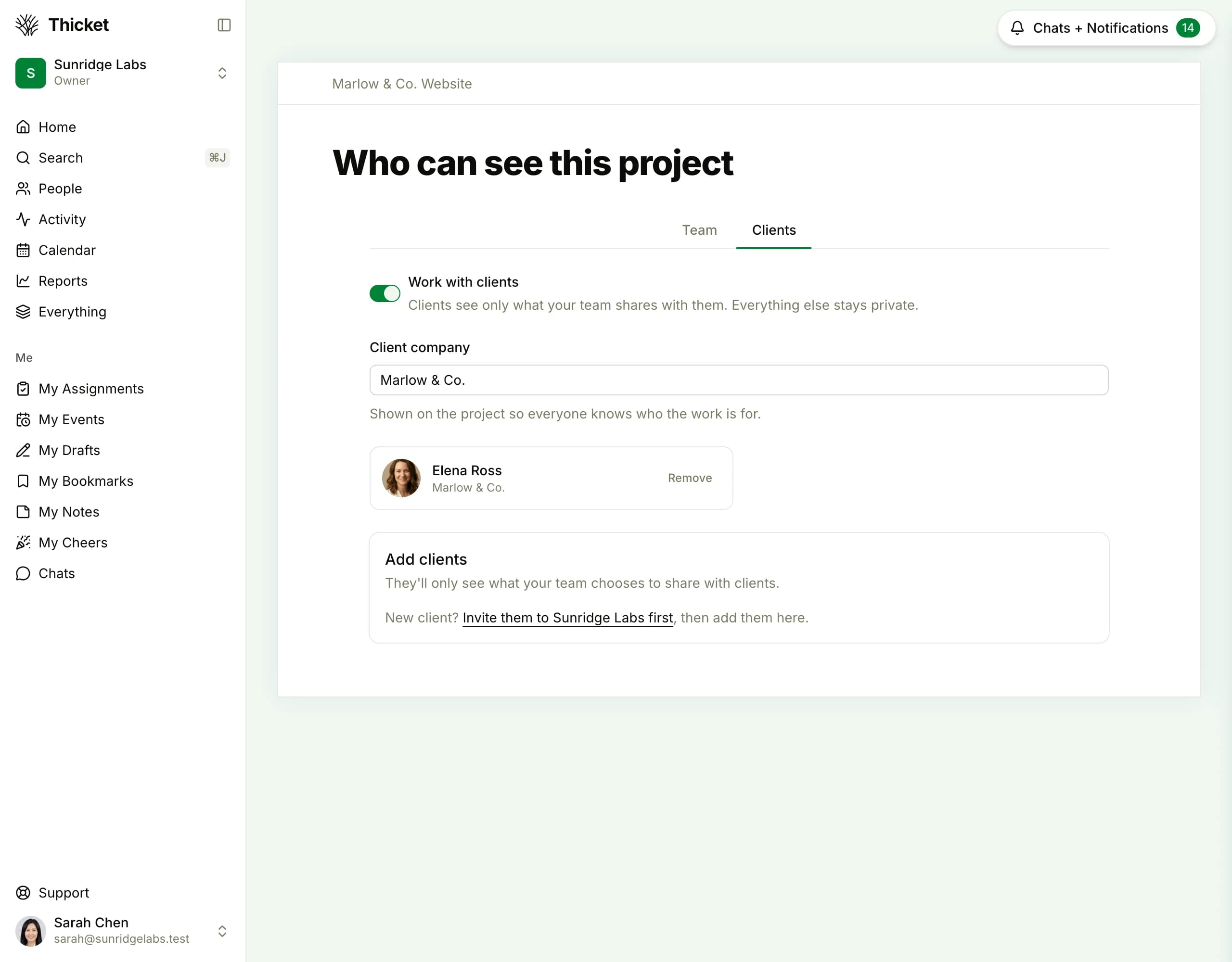 The Clients tab of a Thicket project's Who can see this project page: the Work with clients switch turned on, a client company field, one client contact listed, and an Add clients box