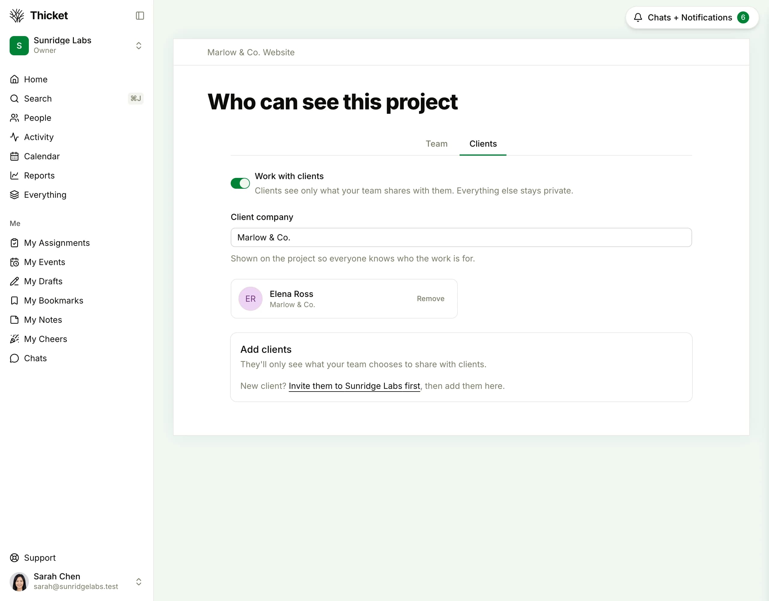 The Clients tab on a Thicket project's People page: the Work with clients switch turned on, the client company name on the project, the invited client listed, and the panel for adding more clients.