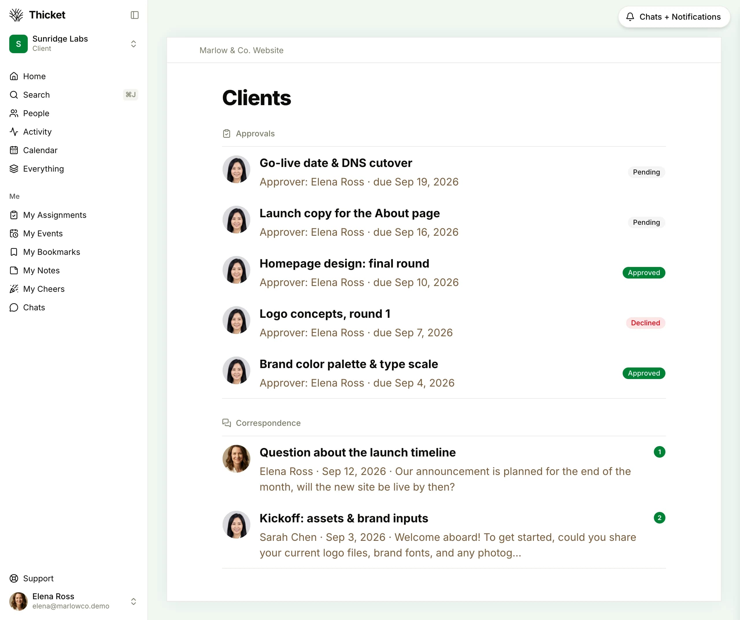 The client's own view in Thicket, signed in as the client: their account is scoped to the single project they were invited to, with their approvals (approved, pending, or declined) and correspondence thread.
