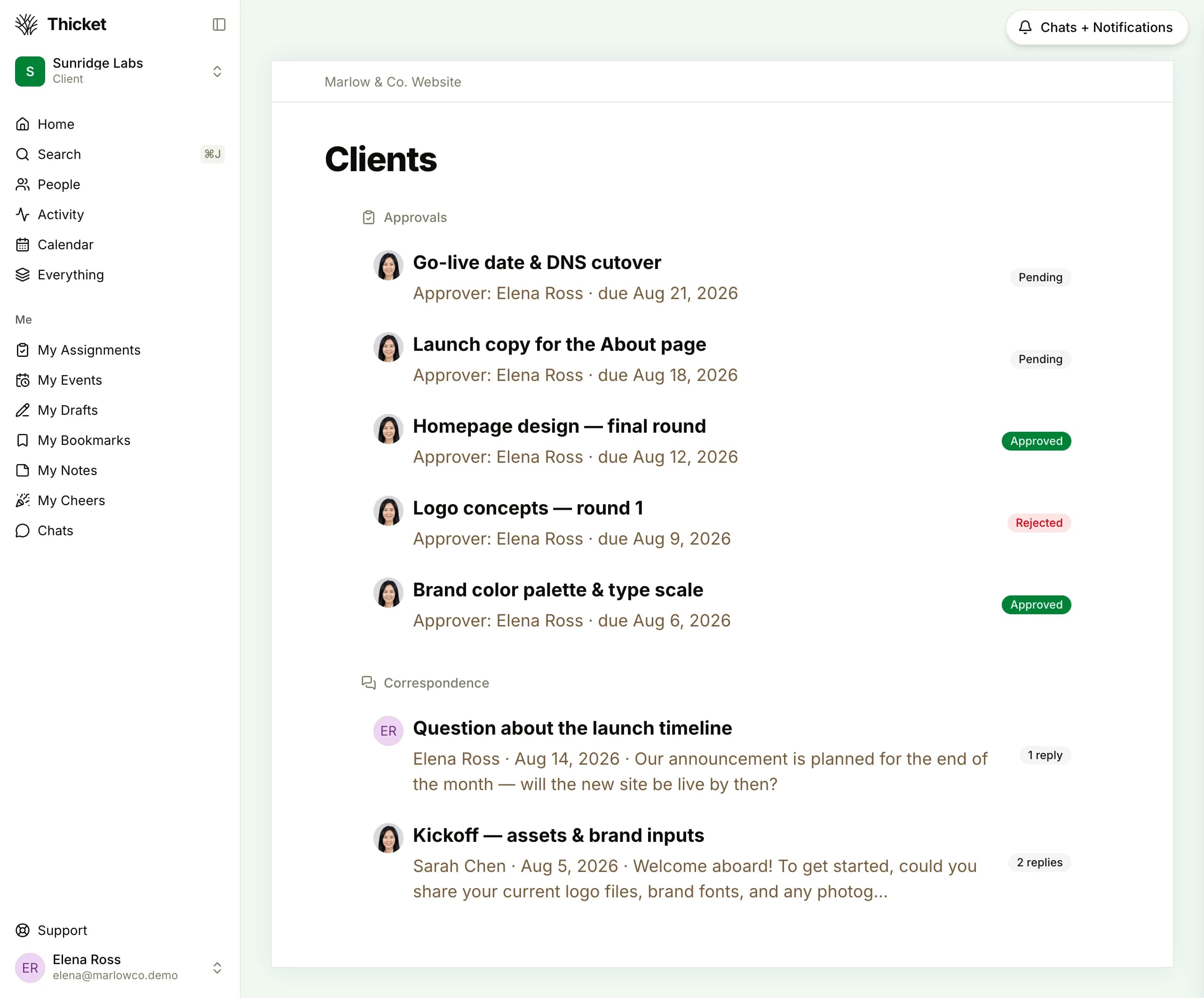 The client's own view in Thicket, signed in as the client: their account is scoped to the single project they were invited to, with their approvals (approved, pending, or rejected) and correspondence thread.
