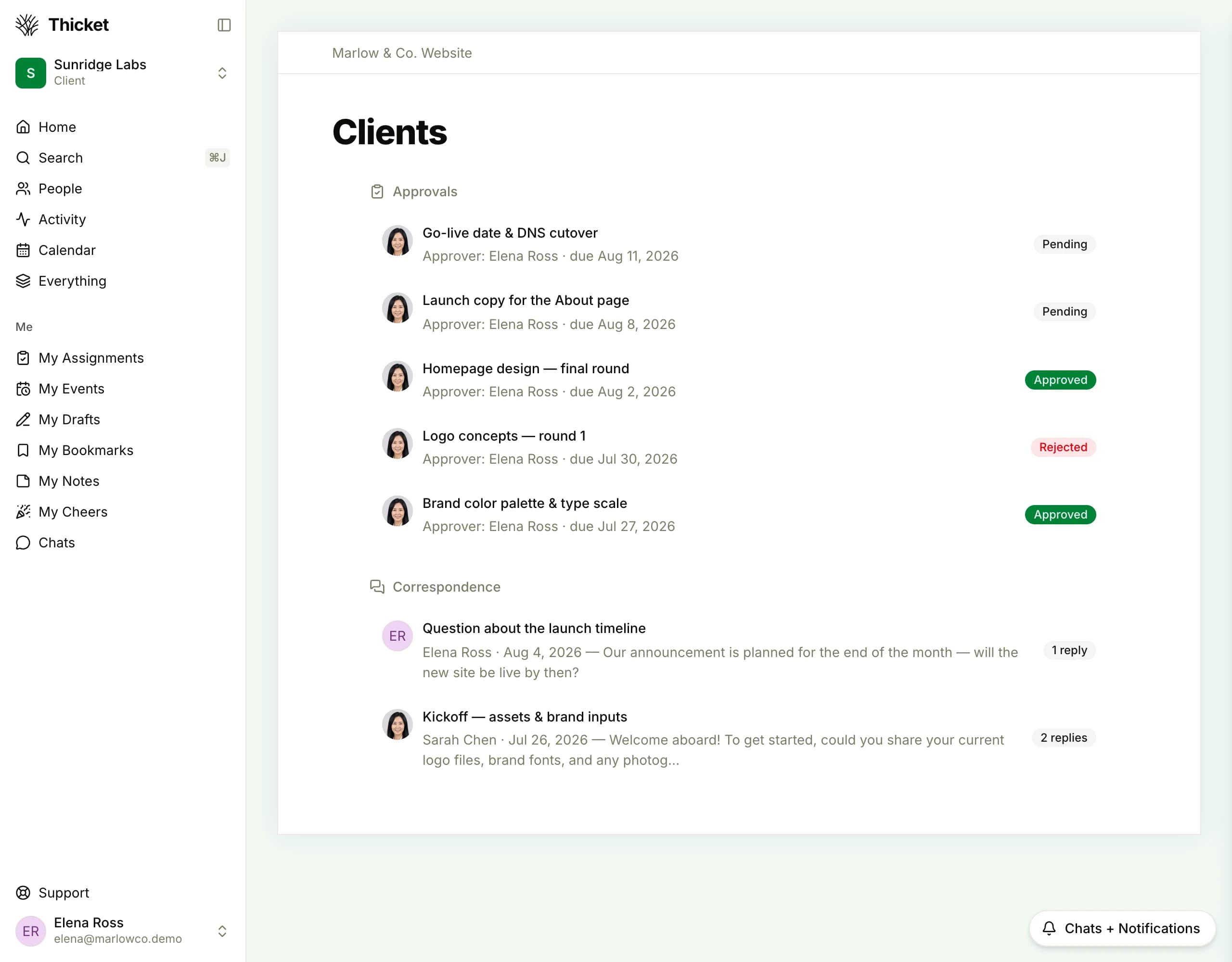 The client's own view in Thicket, signed in as the client: their account is scoped to the single project they were invited to, with their approvals (approved, pending, or rejected) and correspondence thread.