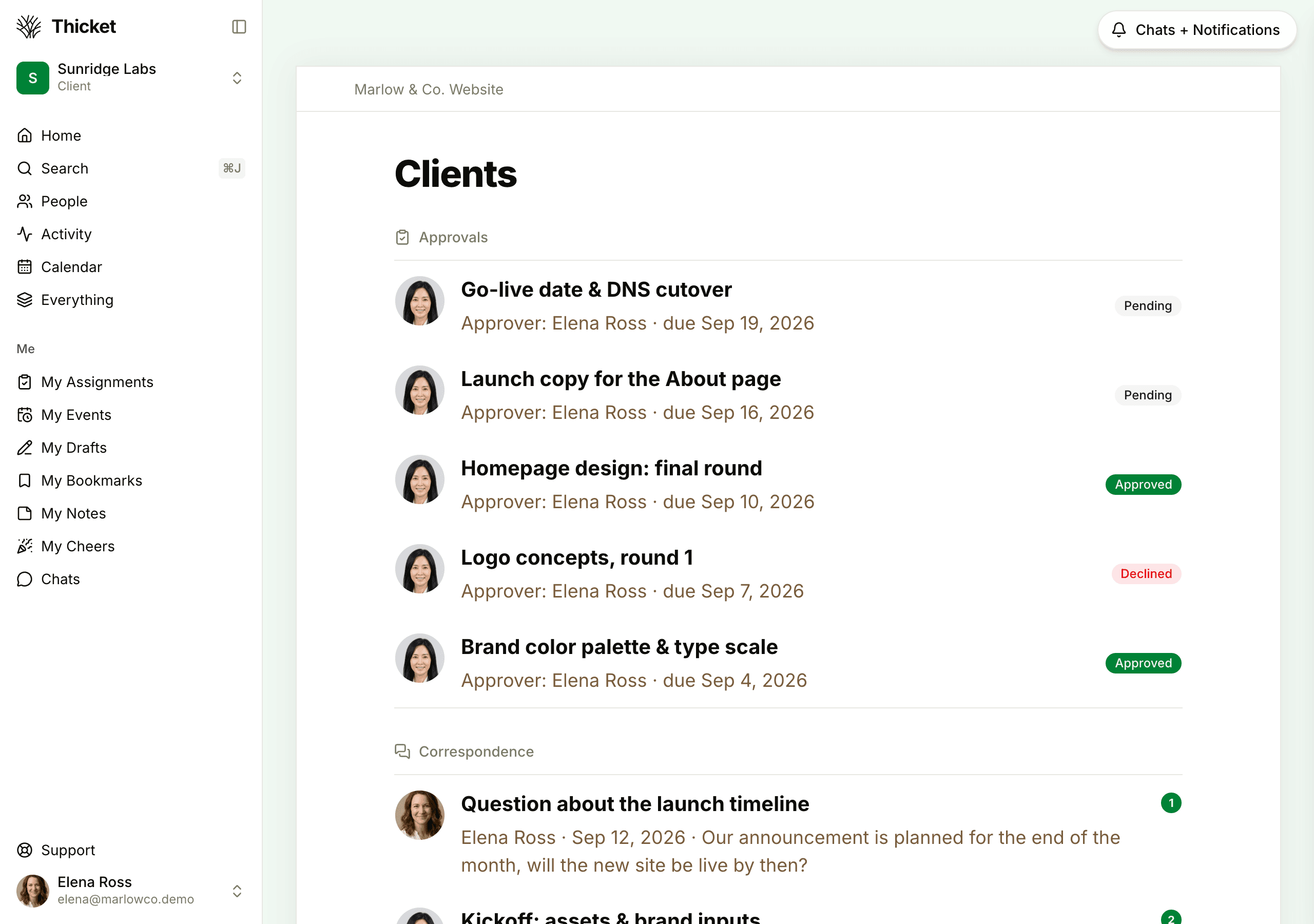 The Clients tool in the Marlow & Co. Website project, listing approvals with their approver, due date and a Pending, Approved or Declined status, and correspondence threads below
