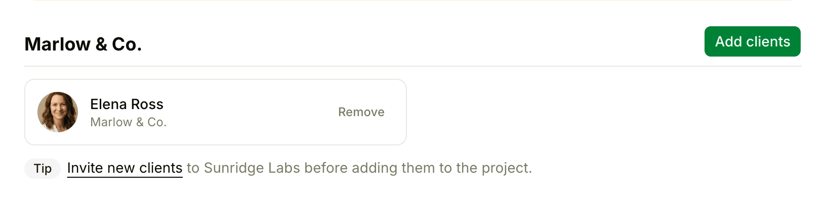 The client roster on the Clients tab, with the editable client company name Marlow & Co., the Add clients button, and a client listed with her own company