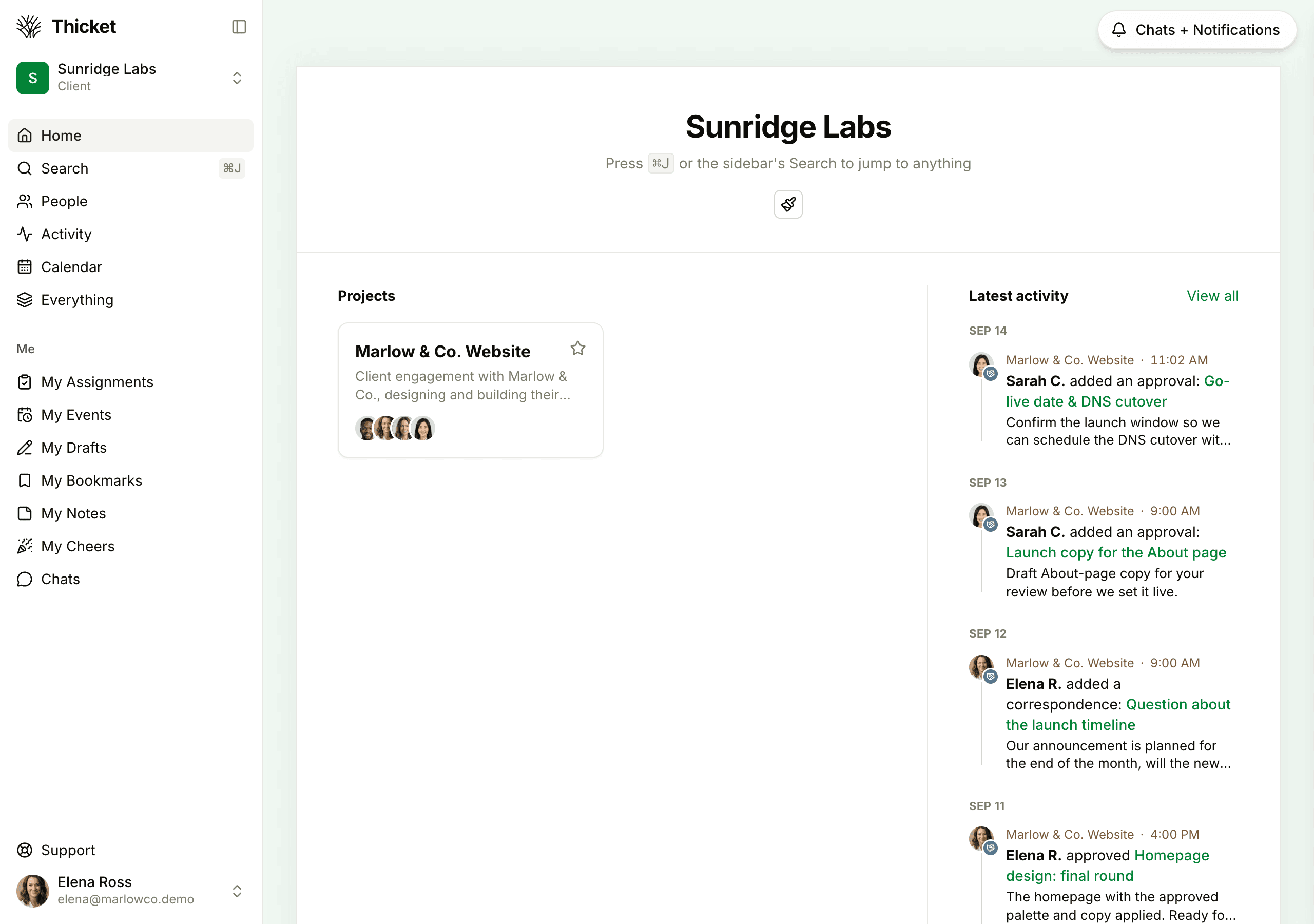 Home for a client, showing one project, Marlow & Co. Website, and the latest activity shared in it