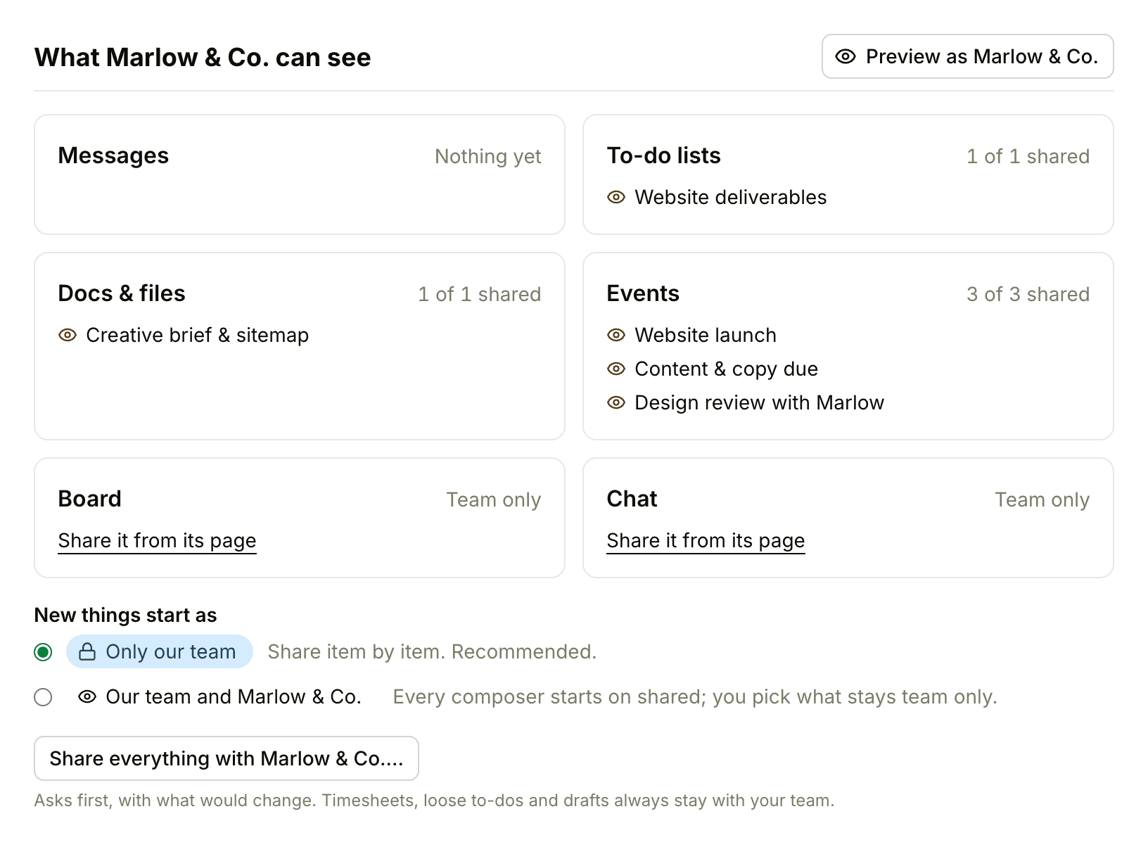 The What Marlow & Co. can see section of the Clients tab, counting what's shared in each tool, with Preview as Marlow & Co., New things start as, and Share everything with Marlow & Co.…