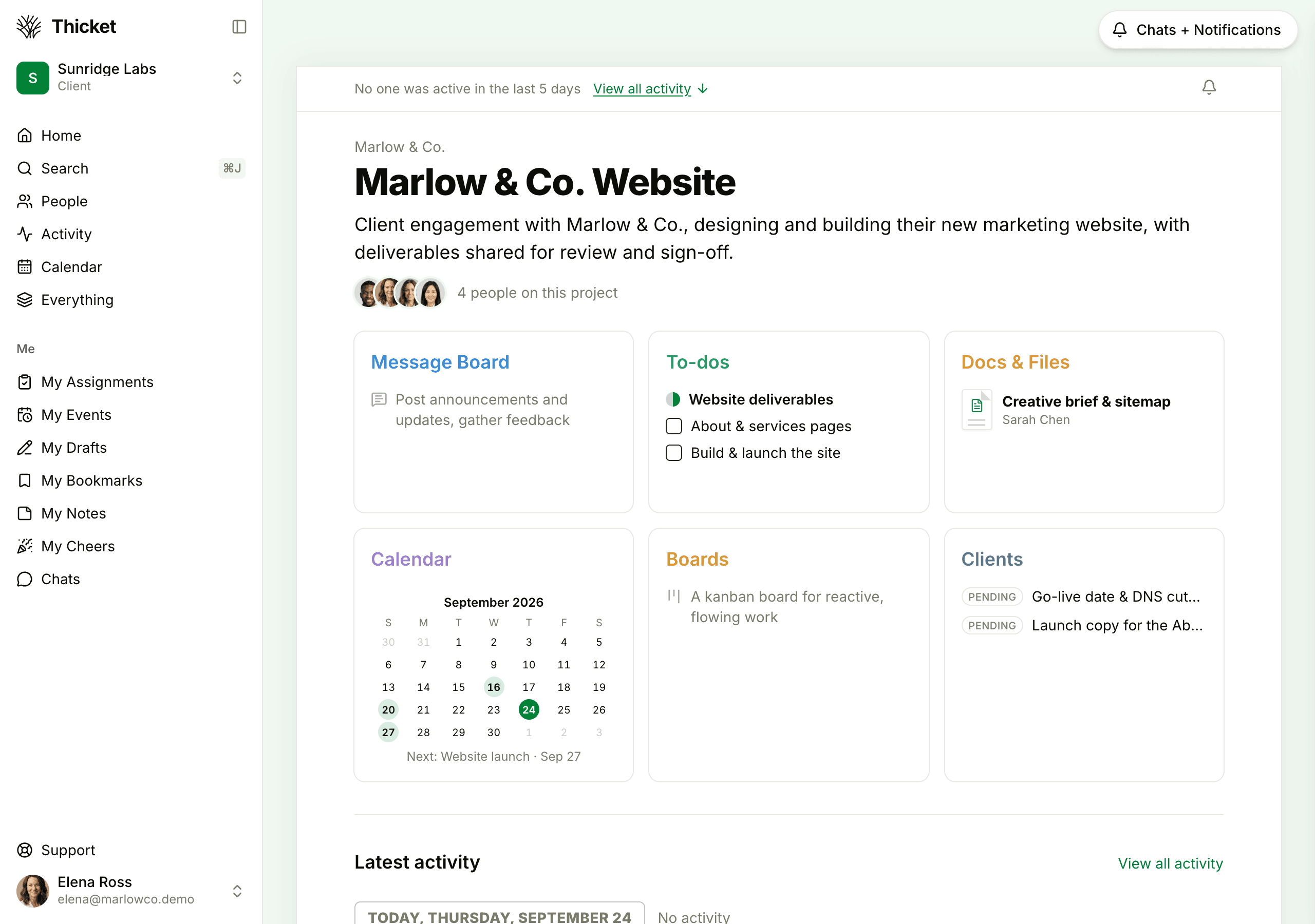 A client's view of the Marlow & Co. Website project, with its Message Board, To-dos, Docs & Files, Calendar, Boards and Clients tools
