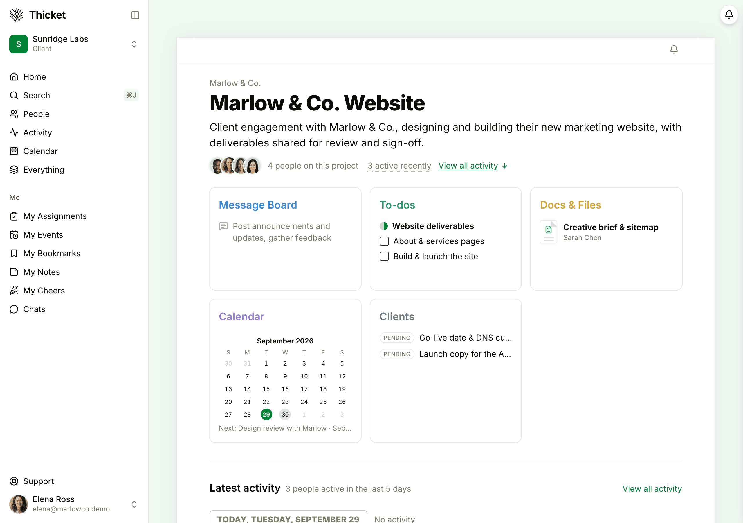 A client's view of the Marlow & Co. Website project, with its Message Board, To-dos, Docs & Files, Calendar and Clients tools