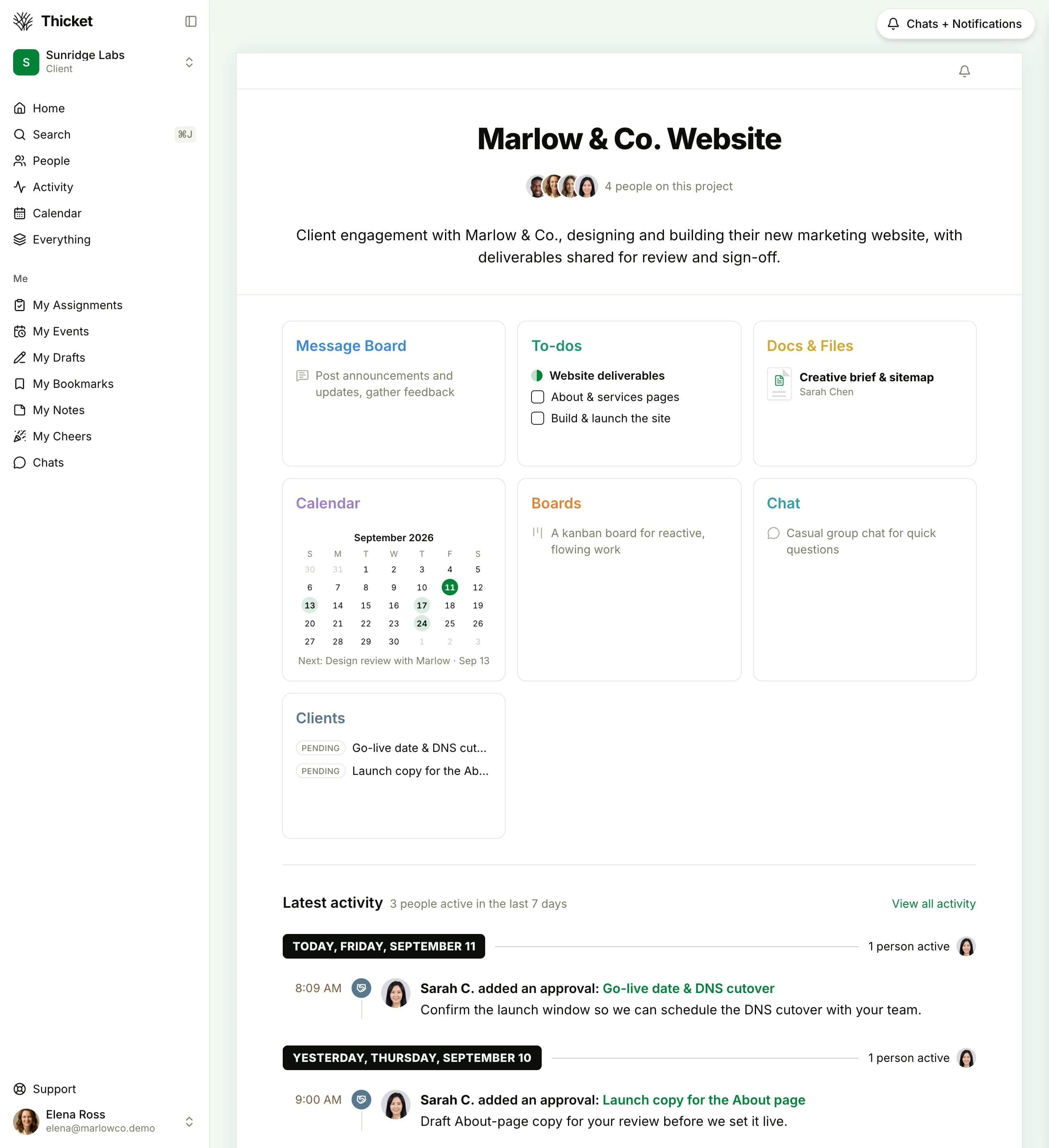 A client's own view in Thicket, signed in as the client: their account is scoped to the single project they were invited to, showing the shared to-dos, docs, schedule milestones, and a live activity feed for the engagement.