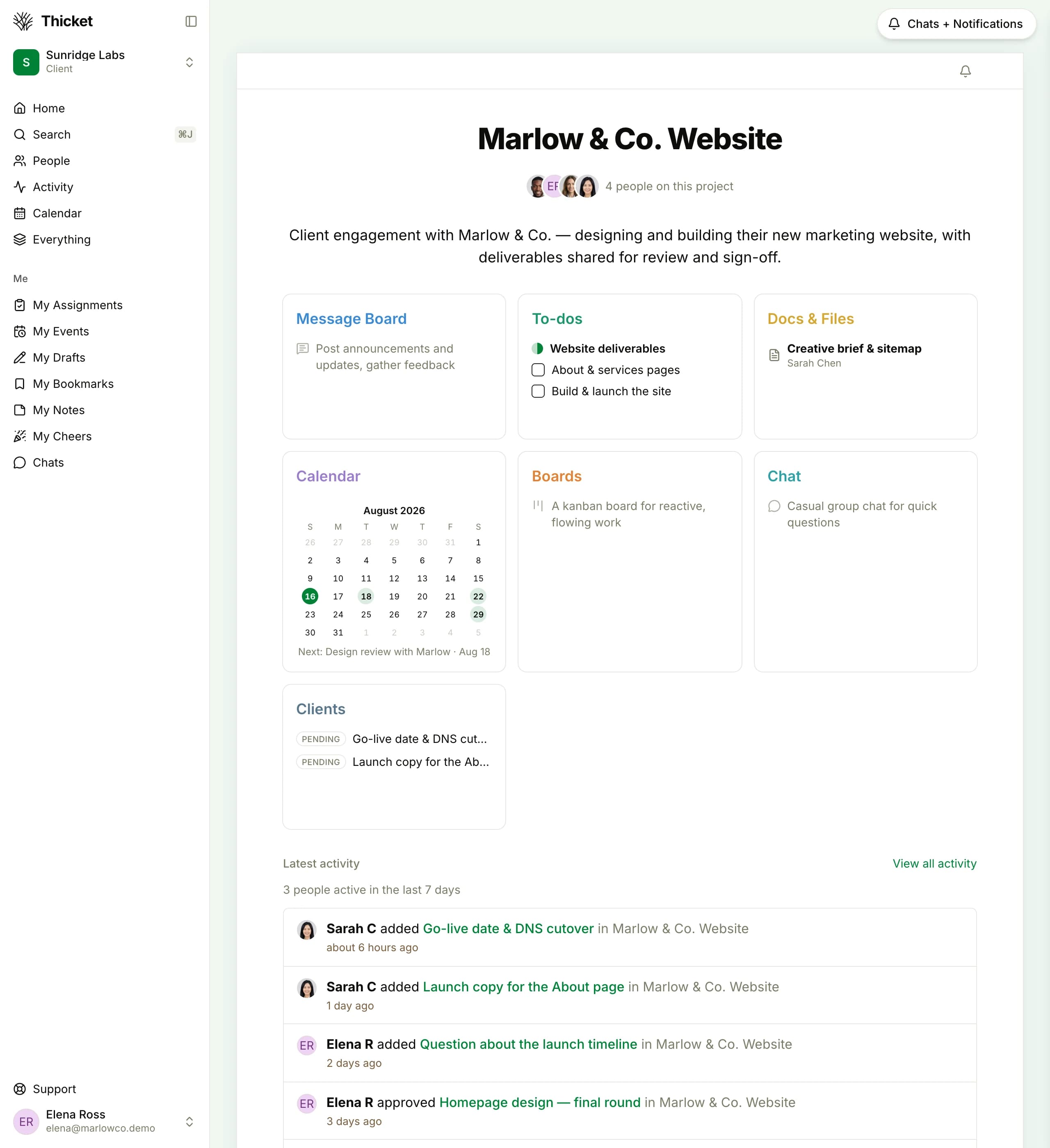 A client's own view in Thicket, signed in as the client: their account is scoped to the single project they were invited to, showing the shared to-dos, docs, schedule milestones, and a live activity feed for the engagement.