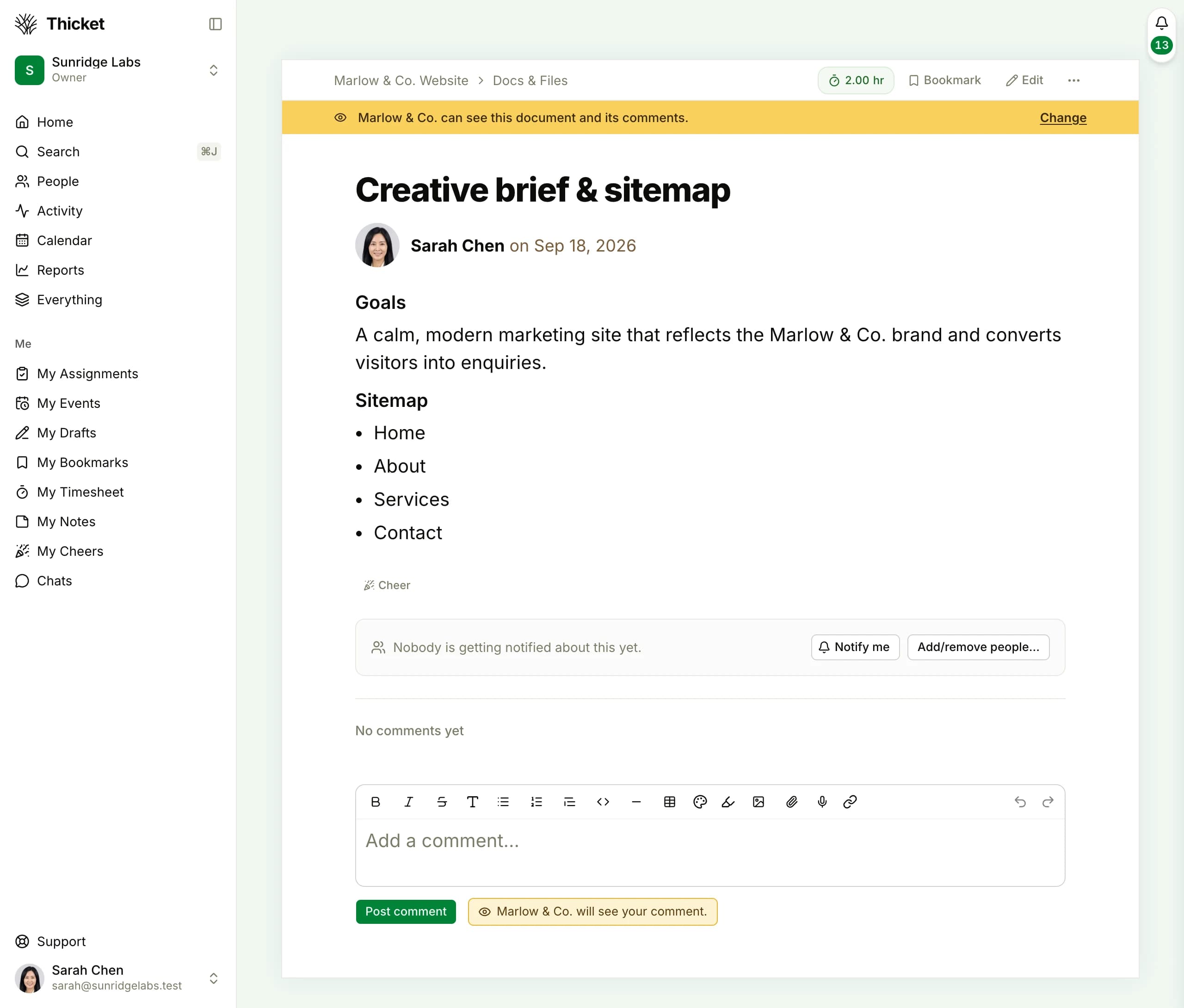 A shared brief in Thicket as the team sees it: a marigold band under the title bar reads 'Marlow & Co. can see this document and its comments.', with Change at its right to choose who can see it.