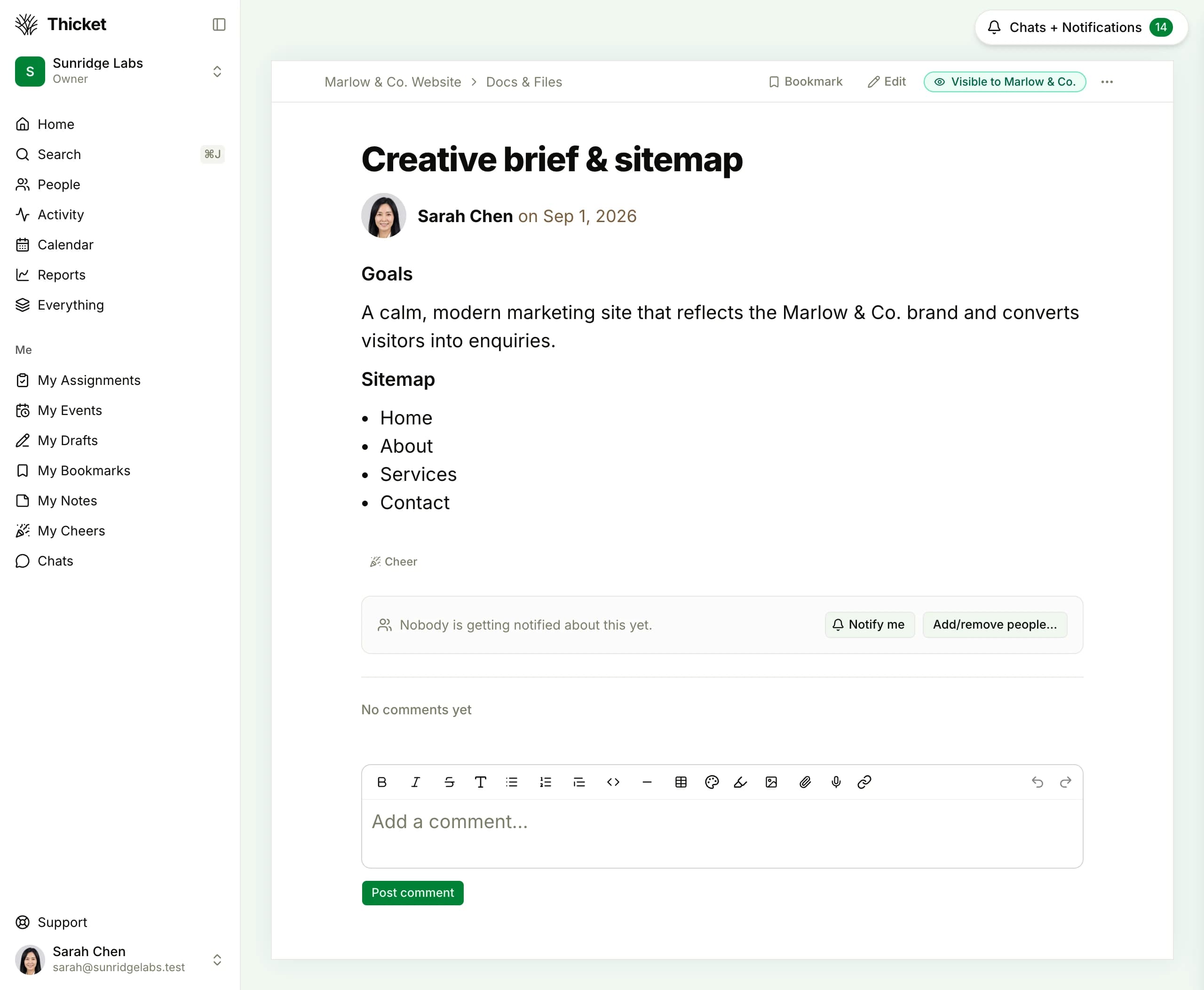 A shared deliverable in Thicket as the team sees it: the page header carries a visibility flag reading 'Visible to Marlow & Co.', showing at a glance that the client can see this document; clicking the flag changes who's allowed to see it.