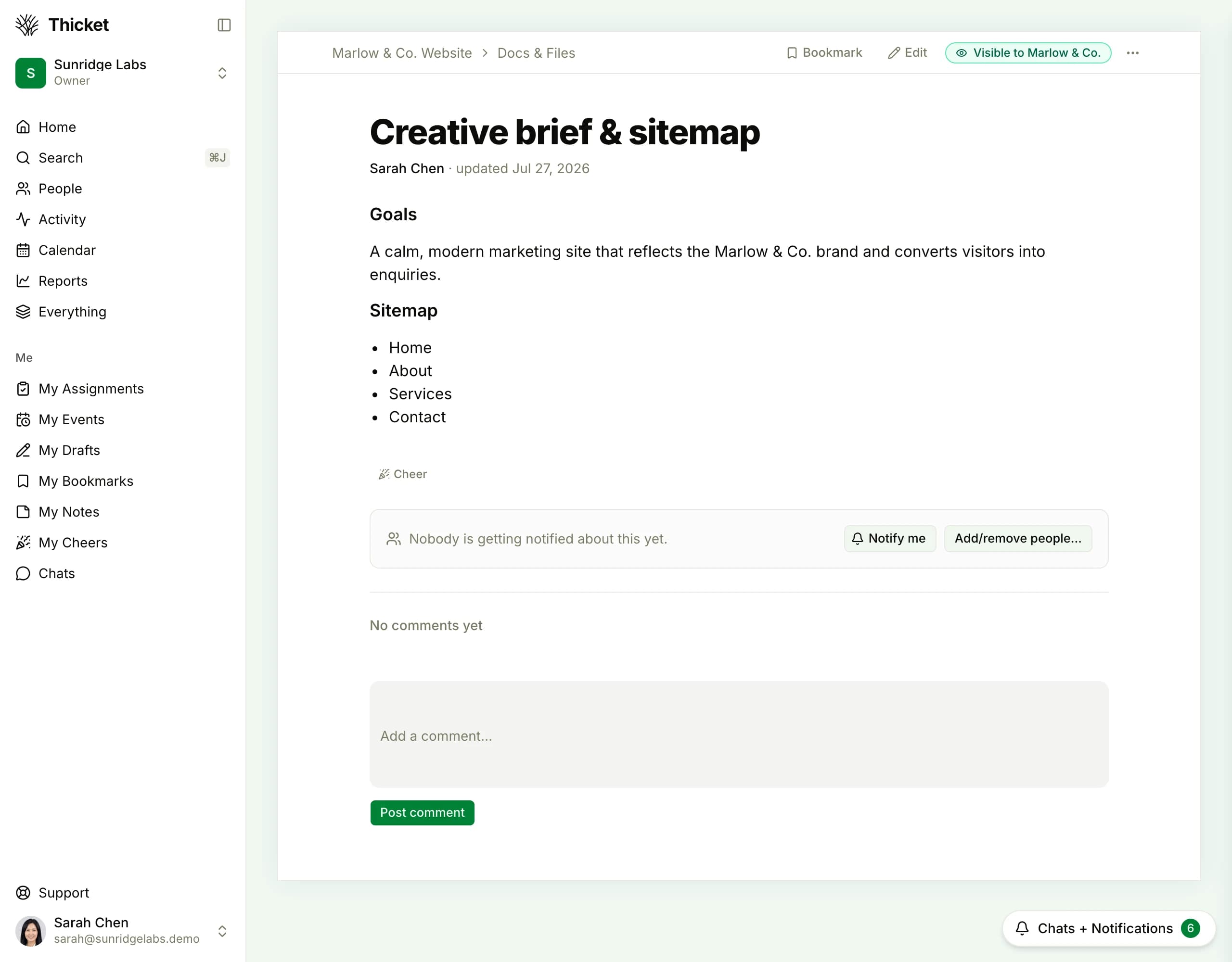 A shared deliverable in Thicket as the team sees it: the page header carries a visibility flag reading 'Visible to Marlow & Co.', showing at a glance that the client can see this document; clicking the flag changes who's allowed to see it.
