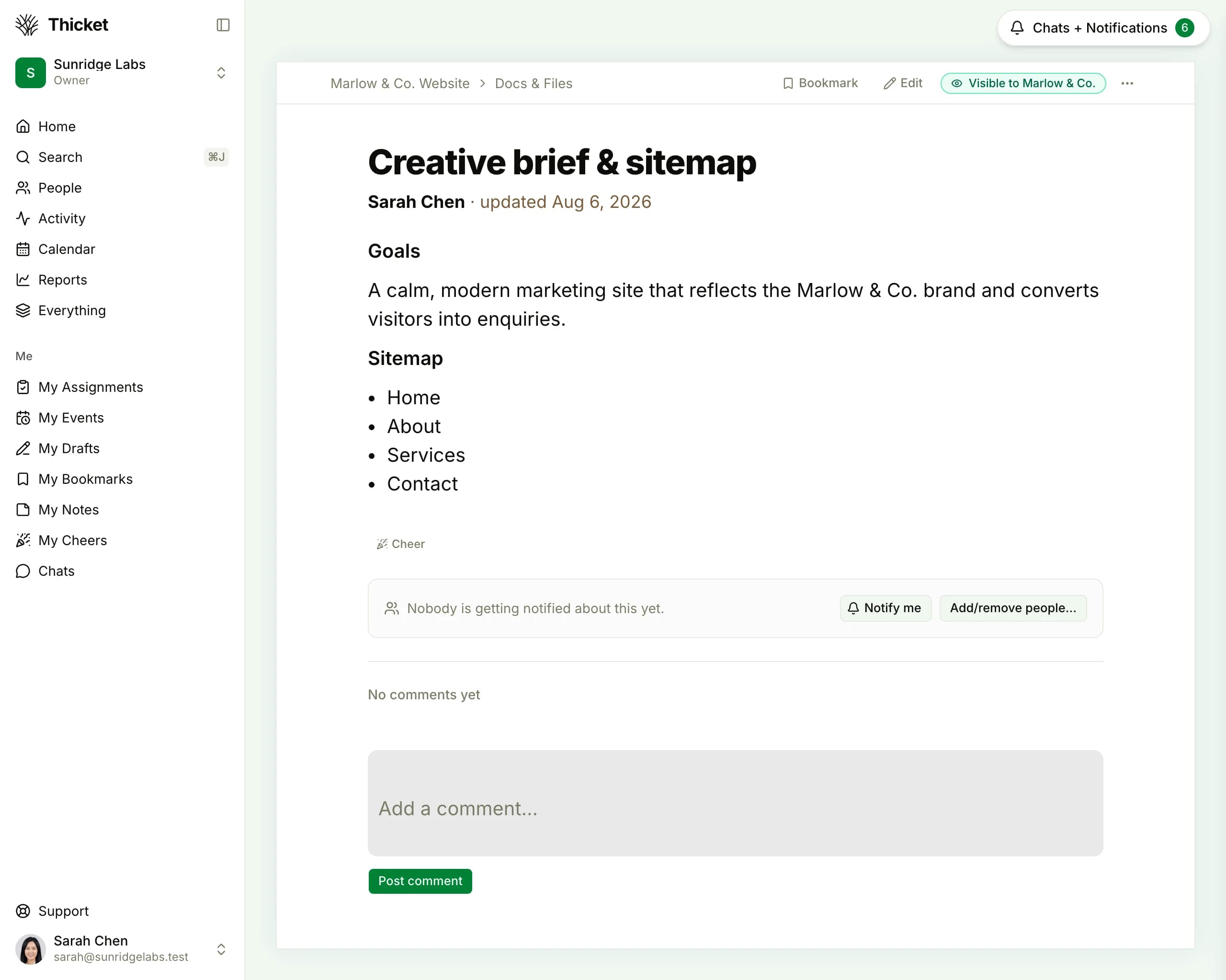 A shared deliverable in Thicket as the team sees it: the page header carries a visibility flag reading 'Visible to Marlow & Co.', showing at a glance that the client can see this document; clicking the flag changes who's allowed to see it.