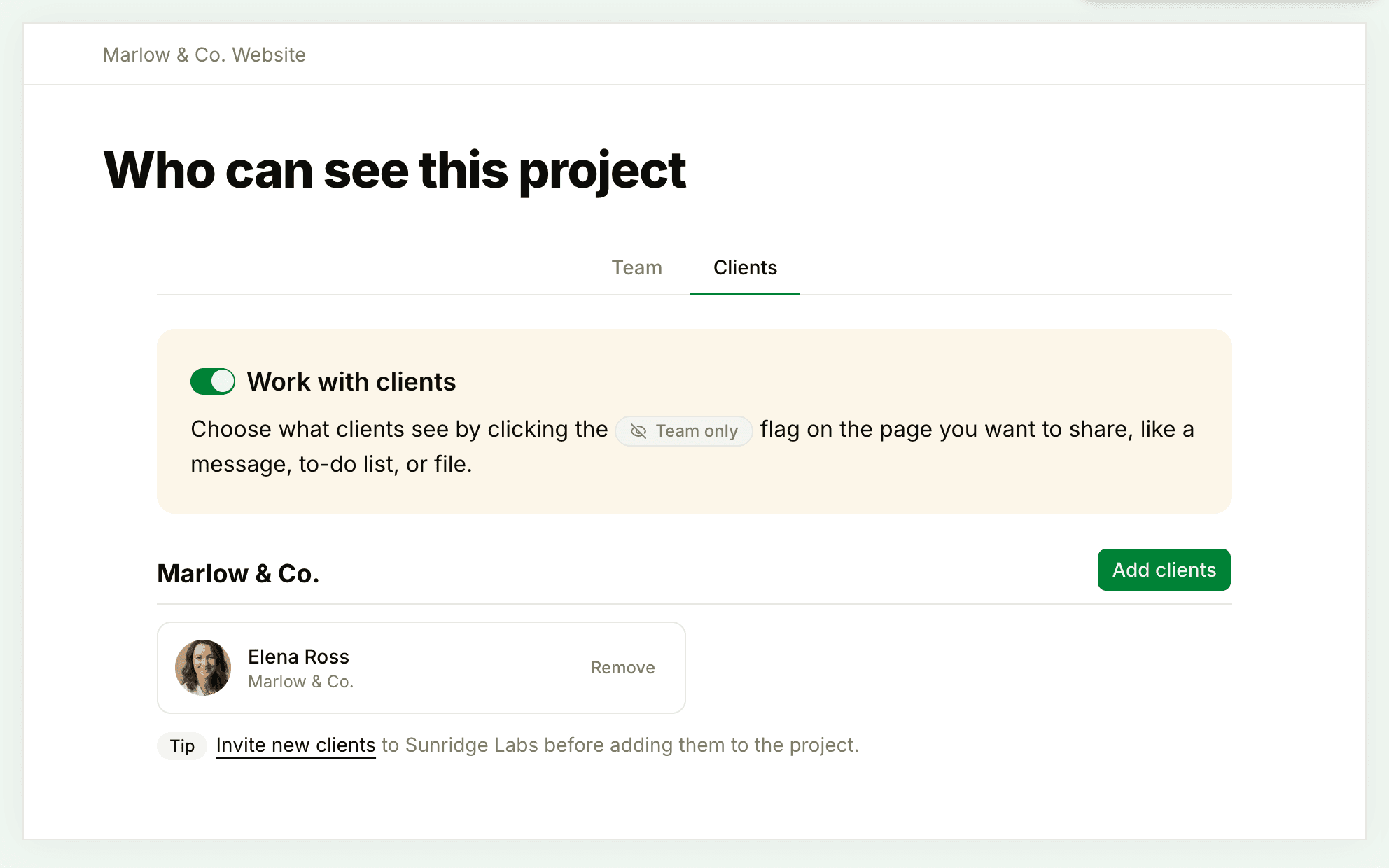 The Clients tab of the Marlow & Co. Website project, with Work with clients turned on, the client company name Marlow & Co., the Add clients button, and one client on the project