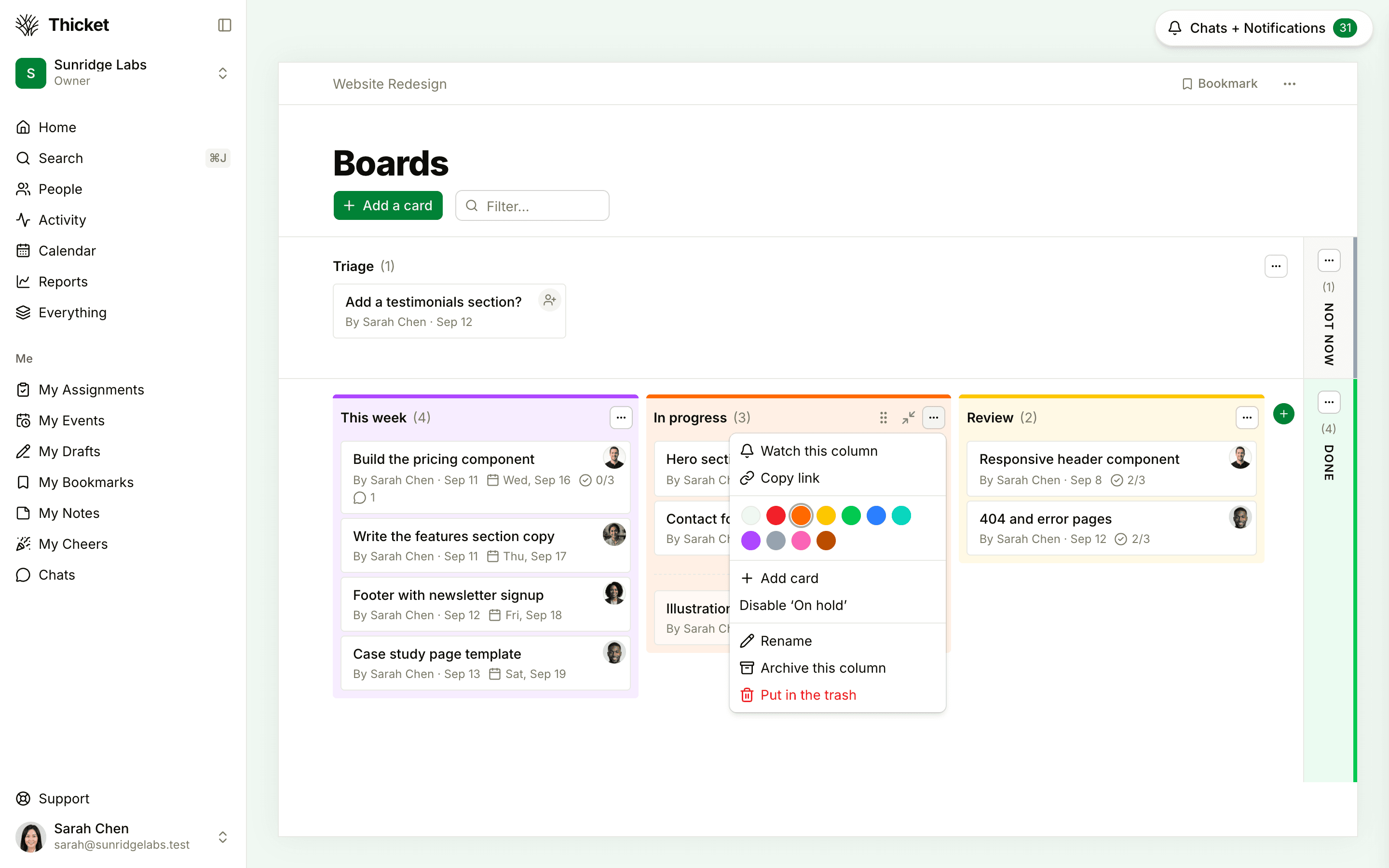 A board with the In progress column's menu open, showing Watch this column, Copy link, the color choices, Add card, Disable ‘On hold’, Rename, Archive this column, and Put in the trash.