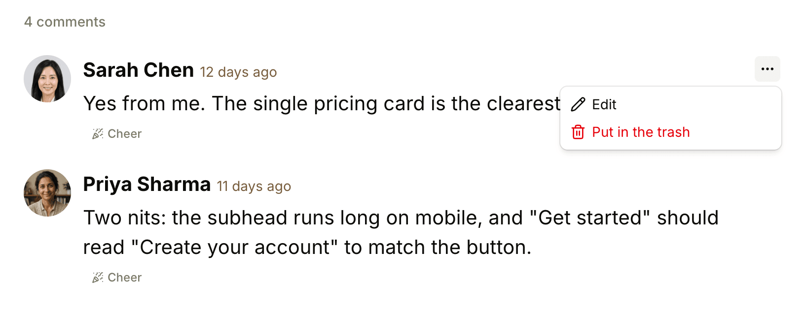 A comment's menu open, with Edit and Put in the trash