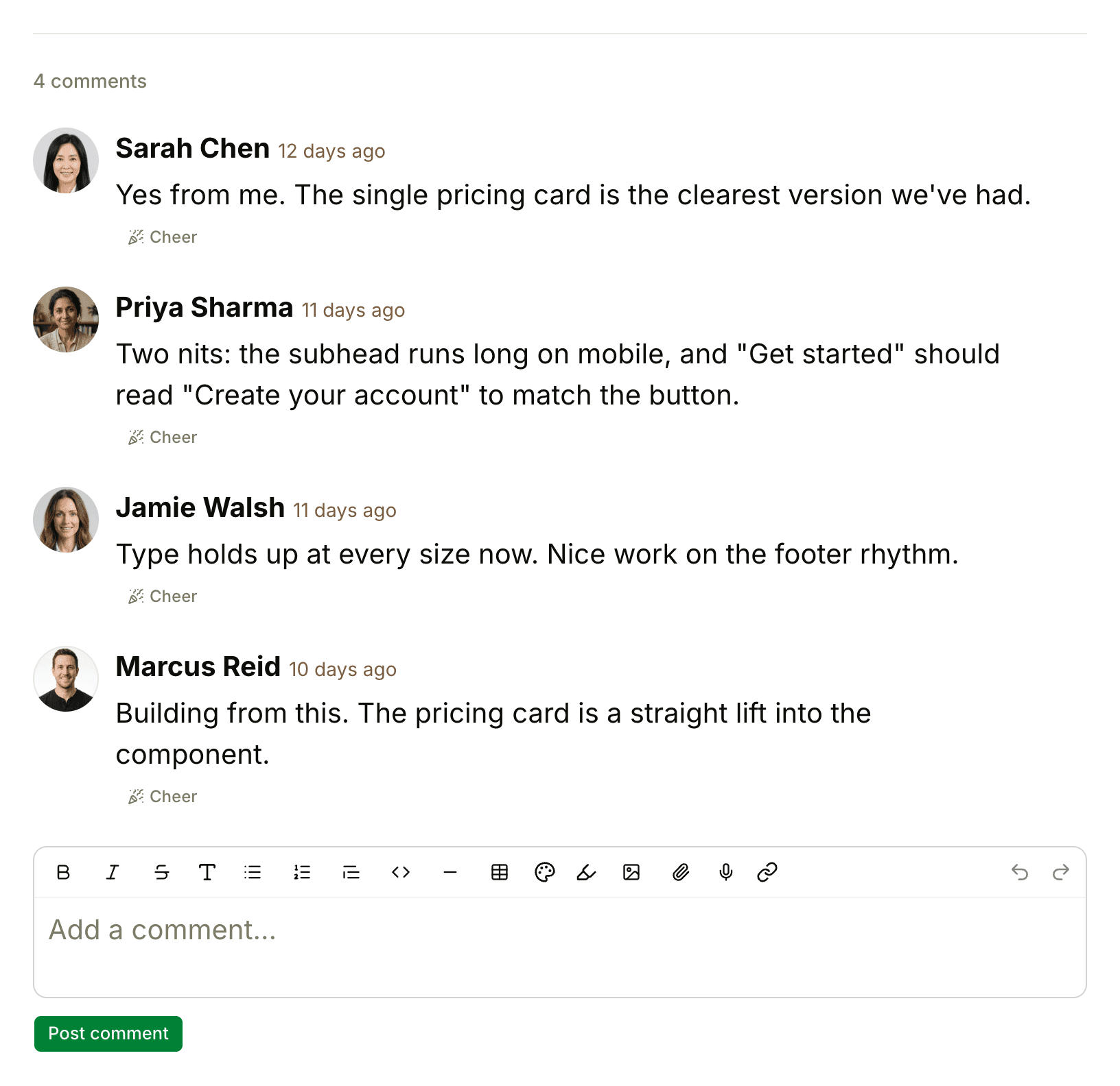 The comments under a message: four comments, each with the author's photo, the time and a Cheer button, above the Add a comment box and the Post comment button