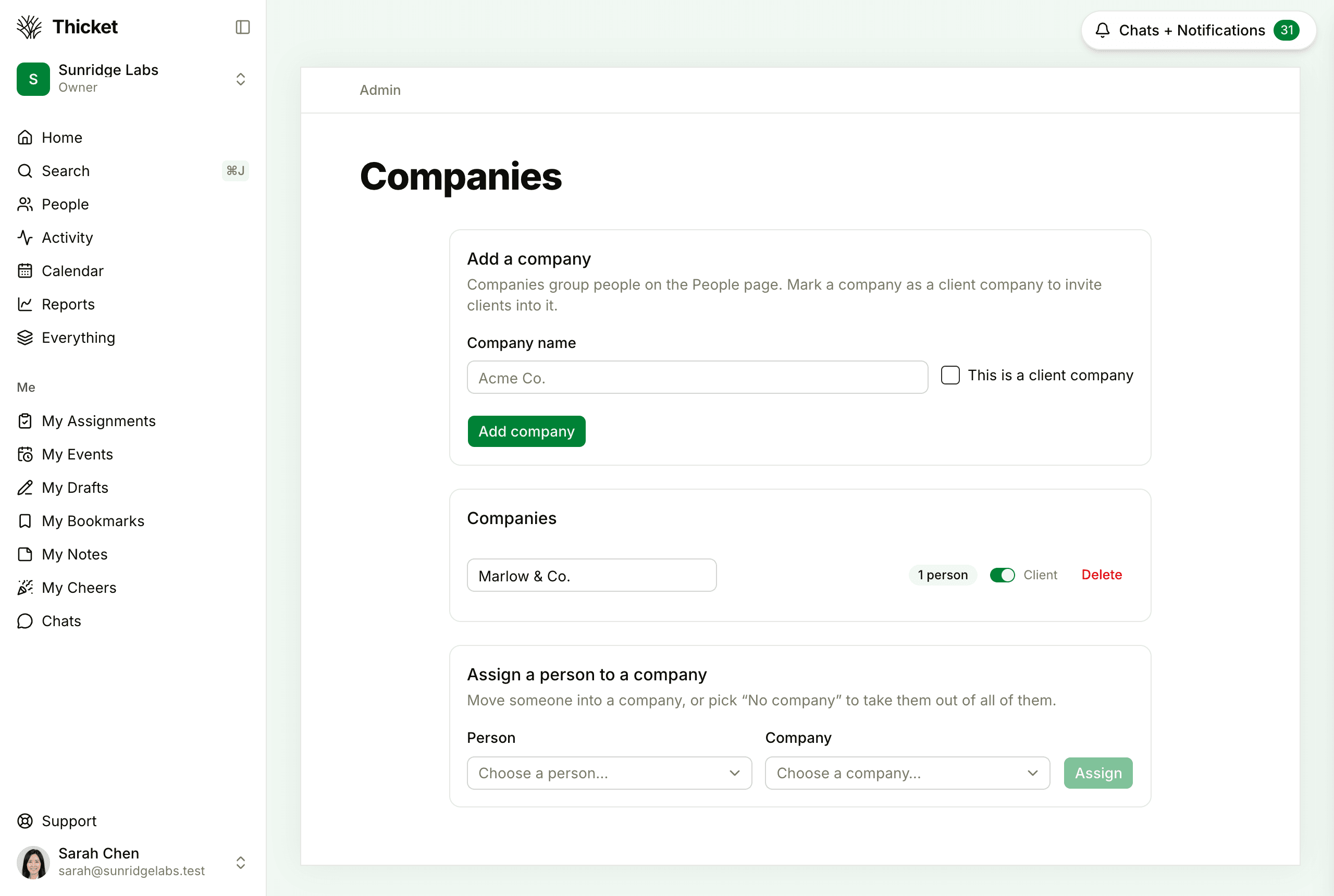 The Companies page in Admin, with the Add a company form, the Marlow & Co. client company, and the Assign a person to a company form