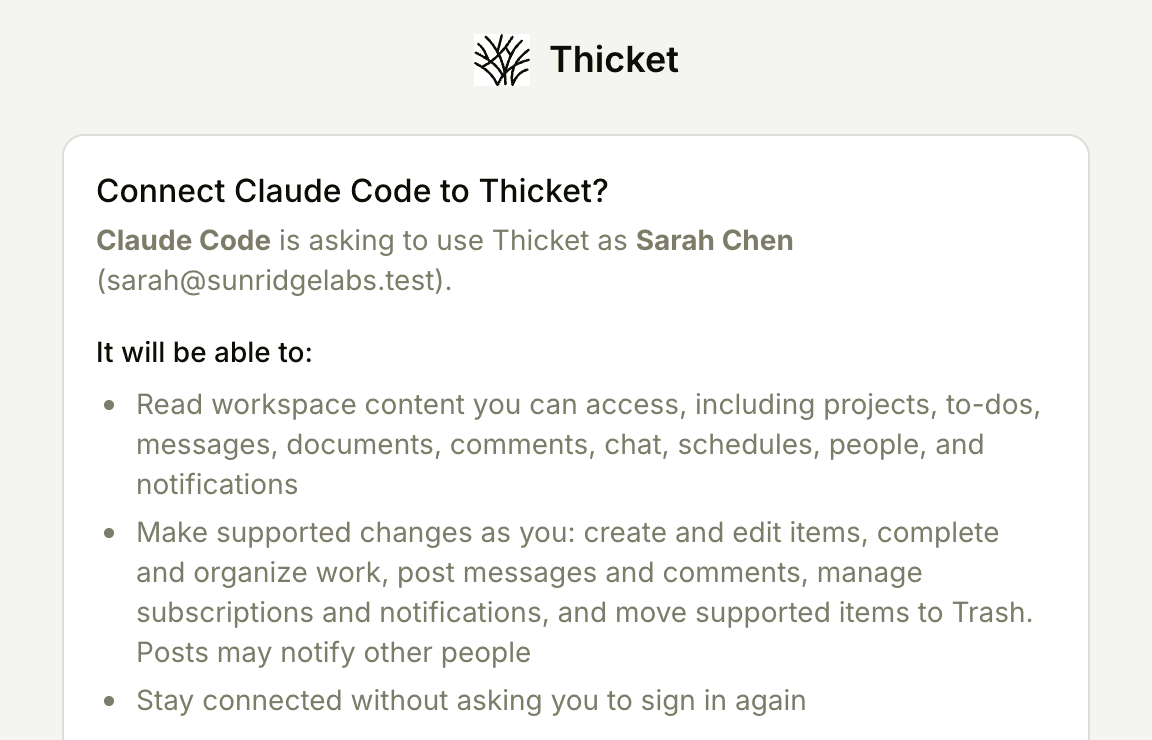Thicket's connection screen for Claude Code, listing what it will be able to do: read workspace content, make supported changes, and stay connected