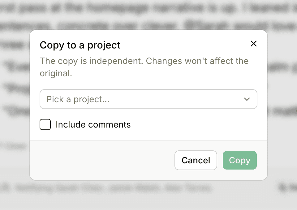 The Copy to a project dialog with a project picker and the Include comments checkbox