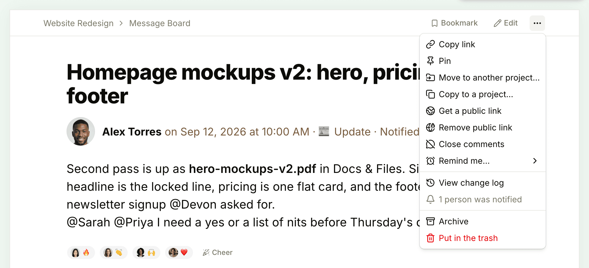 A message's menu open, with Copy link at the top, followed by Pin, Move to another project, Copy to a project and more