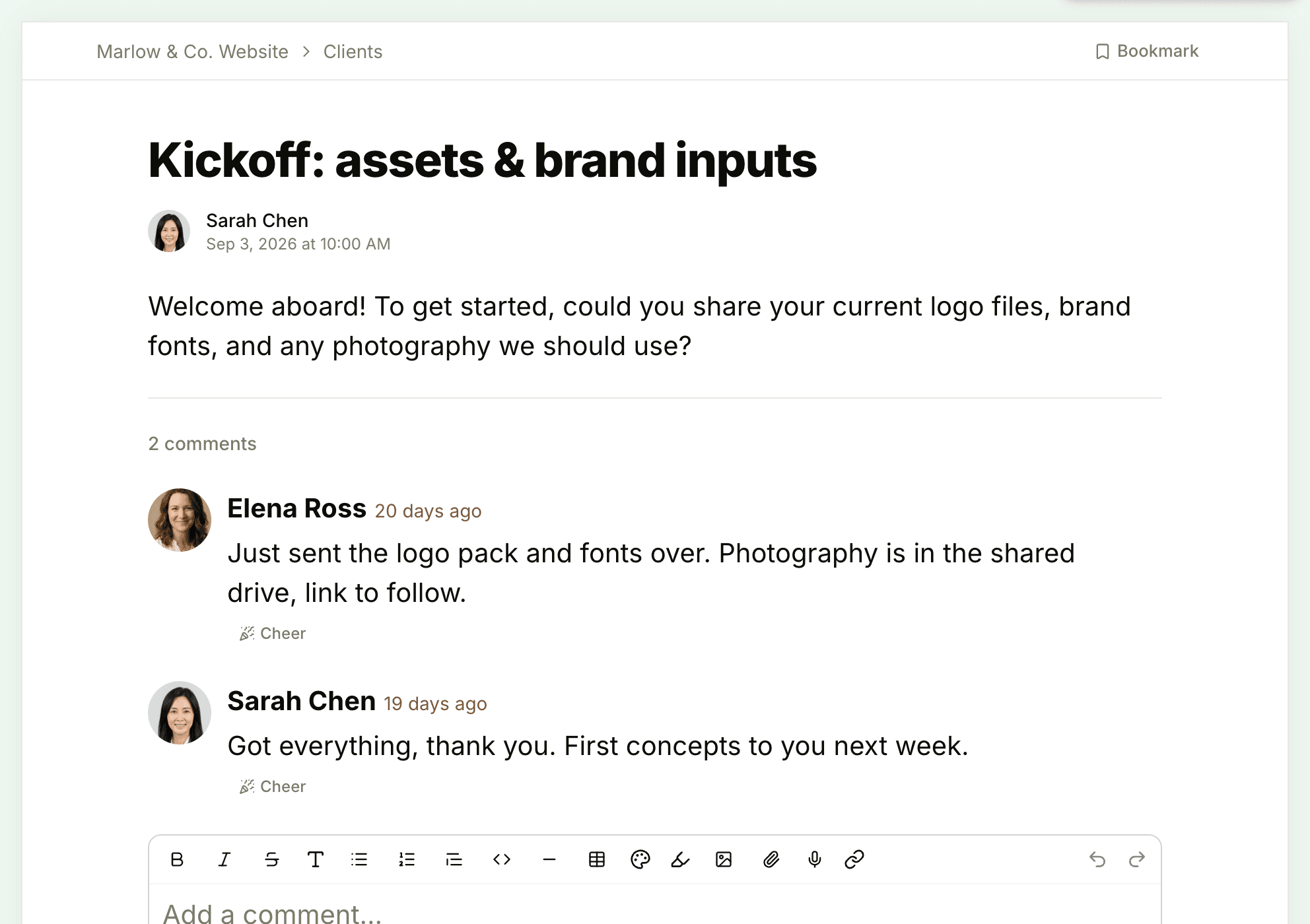 A correspondence thread as the client sees it, with the team's first message and the replies below it